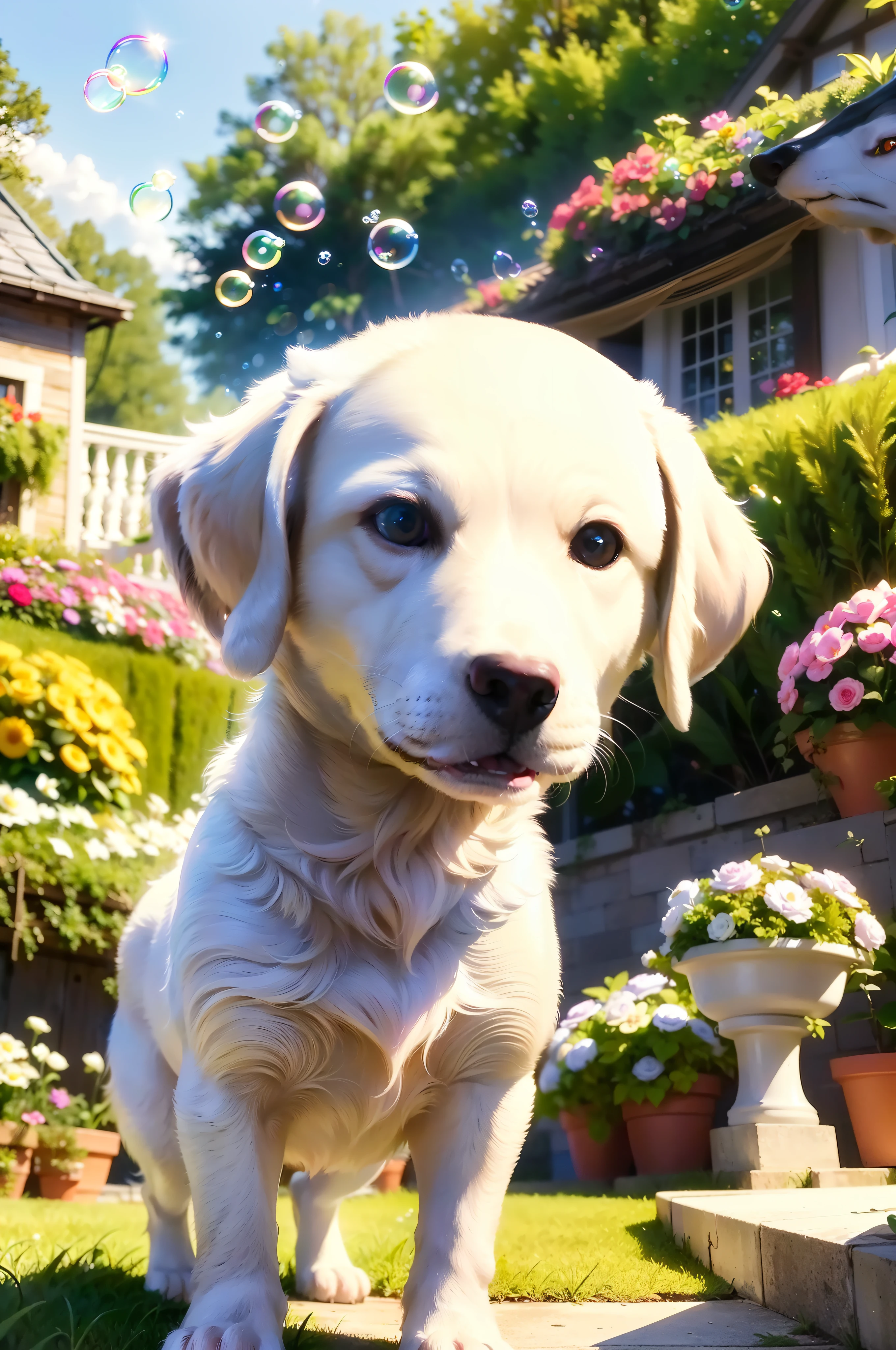 The prompt for Stable Diffusion would be as follows:

"A white Labrador dog with beautiful expressive eyes, shiny fur, in a vibrant and realistic art style. The dog is portrayed in a picturesque garden setting, surrounded by colorful flowers and lush greenery, ((neon soap bubbles)). The artwork is of the highest quality, with ultra-detailed features and textures. The lighting is soft and natural, enhancing the dog's adorable appearance. The colors are vivid and lively, adding a sense of joy to the scene. The prompt aims to create a captivating and heartwarming image of a dog, capturing its essence and bringing it to life."