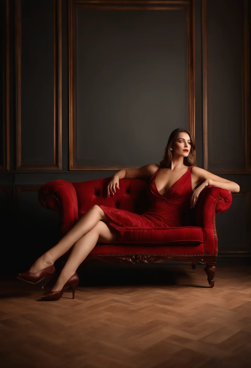 Prompt: best quality, high quality, masterpiece, a woman sitting in a sofa chair with her legs crossed, seductive, teasing, slingback, Red and brown colors variations,
