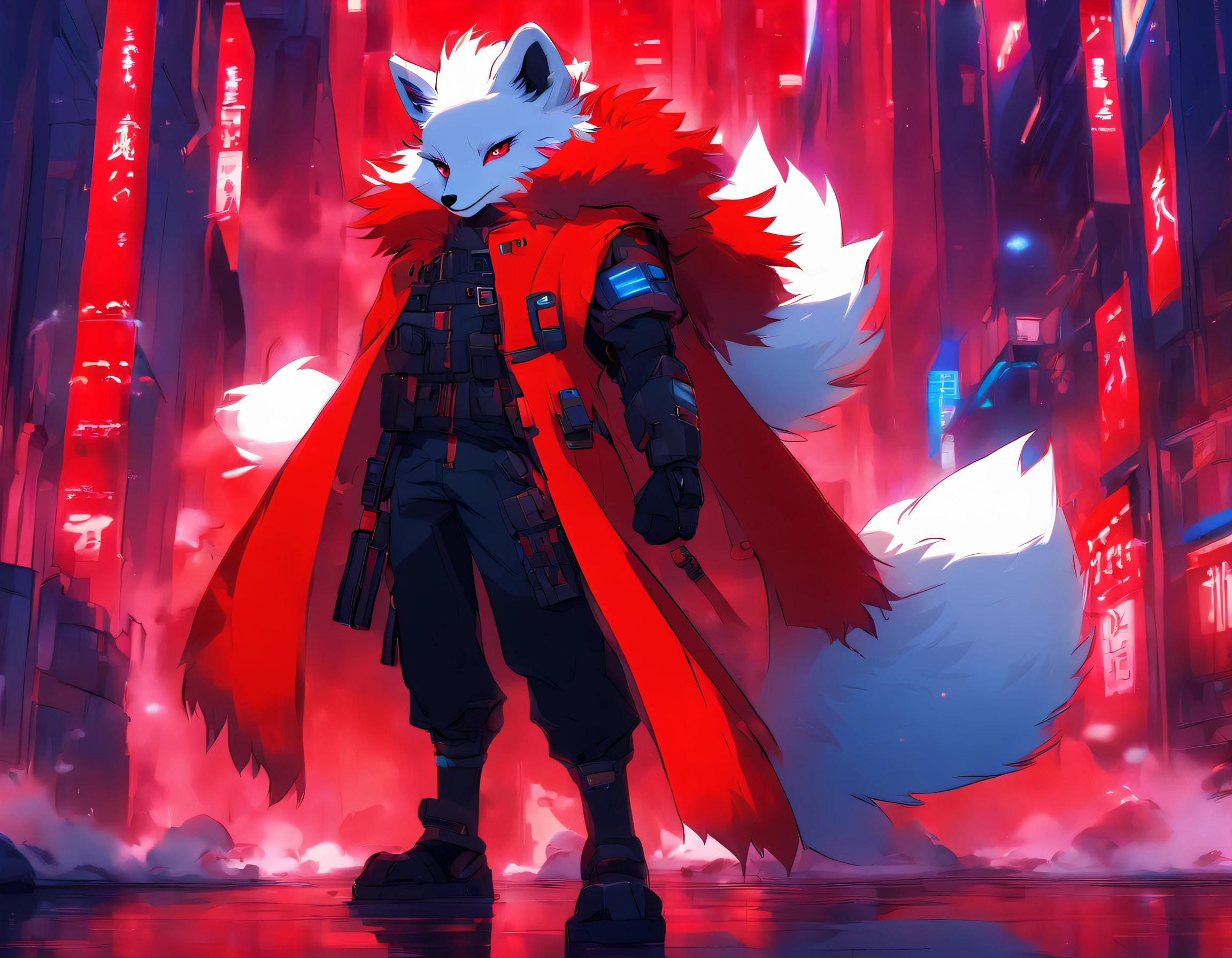 high detail, hyper quality, High Resolution, 1080p, 独奏, Furry, (Male Arctic Fox: 1), (Red fur: 1.3), blue skin, white ears, red-eyes, sharp claws, (furry tail: 1.2), (Carrying soldier's equipment)), Wearing bulletproof vests, ((Wearing soldier's helmets)), Against the backdrop of futuristic cities, Detailed backstory of Arttstion Pixiv, Furry, Fursona in stylish clothes, with red fur and two tails, Detailed fan art, digital art on pixiv, anime artstyle