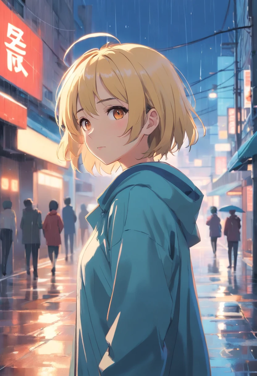 uma pregirl, blonde hair, olhos vermelhos, chuva, olhando para baixo, sorrir, Teary, capa de chuva azul, capuz para cima, cidade