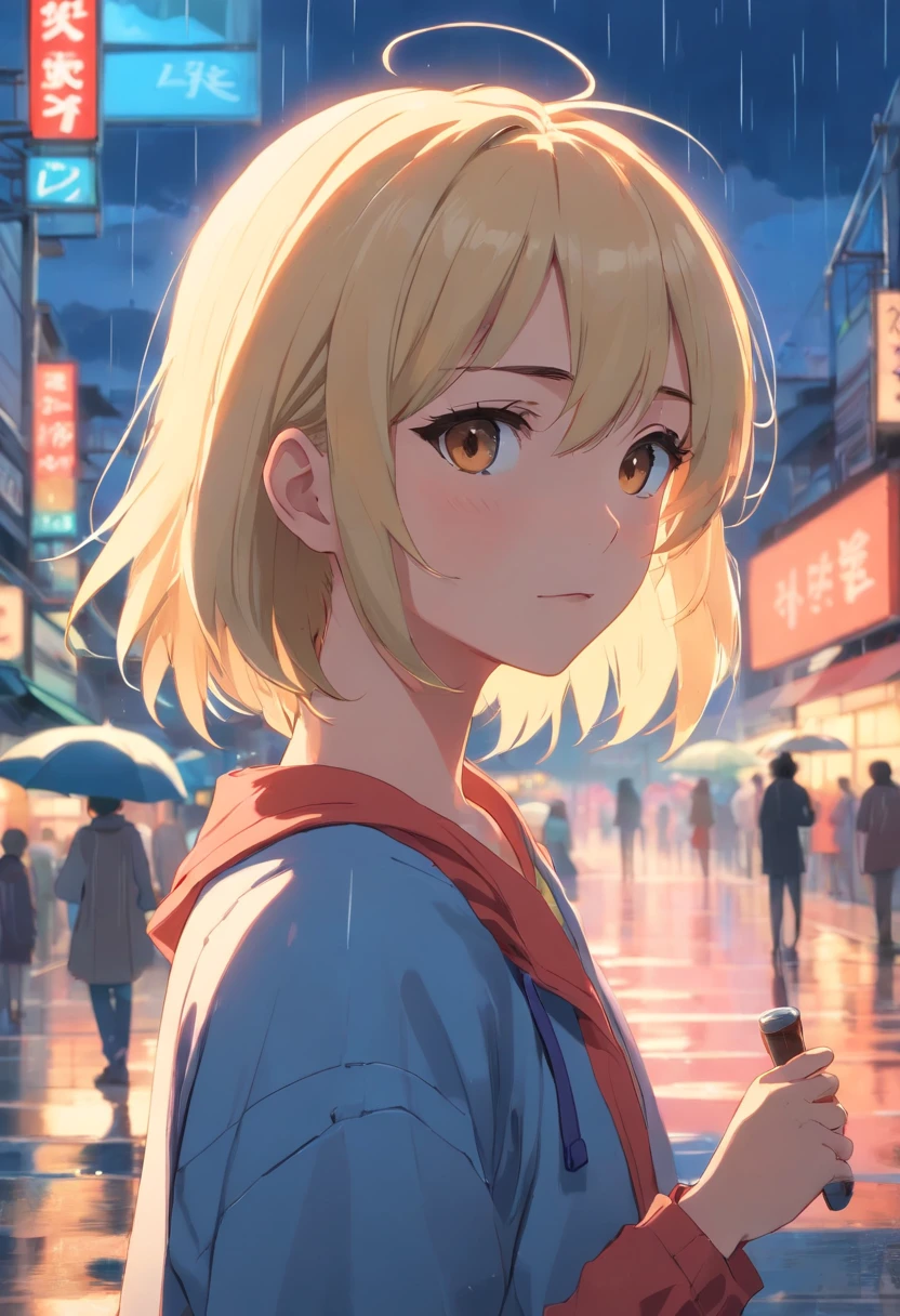 uma pregirl, blonde hair, olhos vermelhos, chuva, olhando para baixo, sorrir, Teary, capa de chuva azul, capuz para cima, cidade