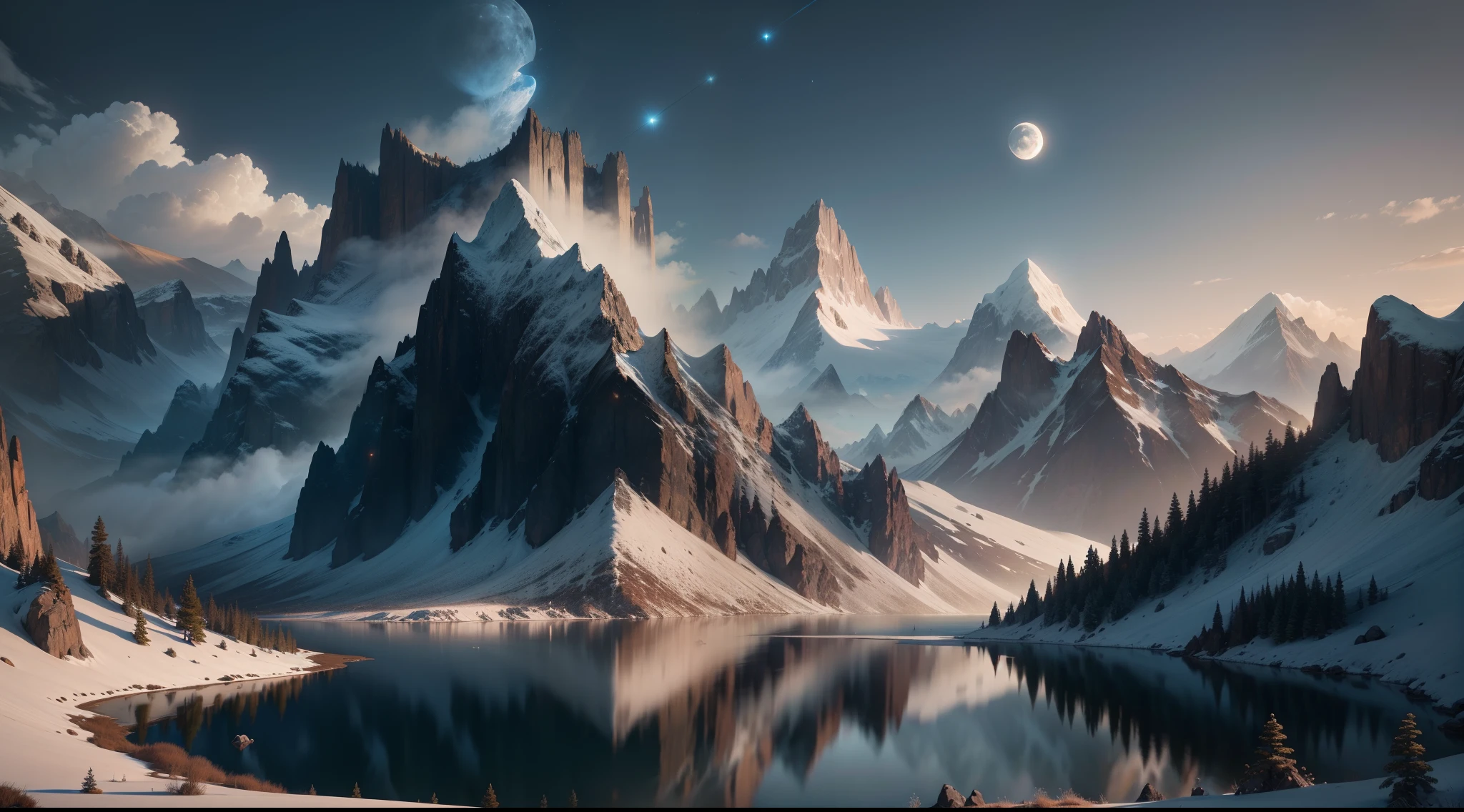 mountains and a lake with a moon in the sky, 4k highly detailed digital art, 4 k hd wallpaper very detailed, impressive fantasy landscape, sci-fi fantasy desktop wallpaper, unreal engine 4k wallpaper, 4k detailed digital art, sci-fi fantasy wallpaper, epic dreamlike fantasy landscape, 4k hd matte digital painting, 8k stunning artwork