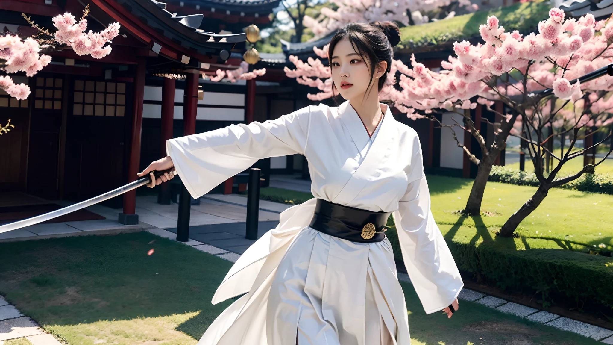 ((big underboob,Tomboyish,small heads)),  (short-length straighthair: 1.2), Black hair，Upper body,（极其细致的CG 8k壁纸），（Extremely refined and beautiful），（Masterpiece），（best qualtiy：1.0），（超高分辨率：1.0），beautiful light up，Perfect lightning，realistic shaded，[A high resolution]，Smooth and flawless fair skin，ultra - detailed ，(giantic breasts:1.1)，huge chest，plump figure，slender waist，serious，Mighty，（seven quarter sleeved white kendogi:1.3），unbuttoned，breasts out，（maxi red kendo hakama：1.1），white short socks, geta，spring,night，a tall huge Japanese castle，sakura blooms，standing，outside，Tree-lined roadsides，Close-up，(a long scabbard samurai katana:1.1)，Holding the katana handle with both hands，Wielding the samurai katana