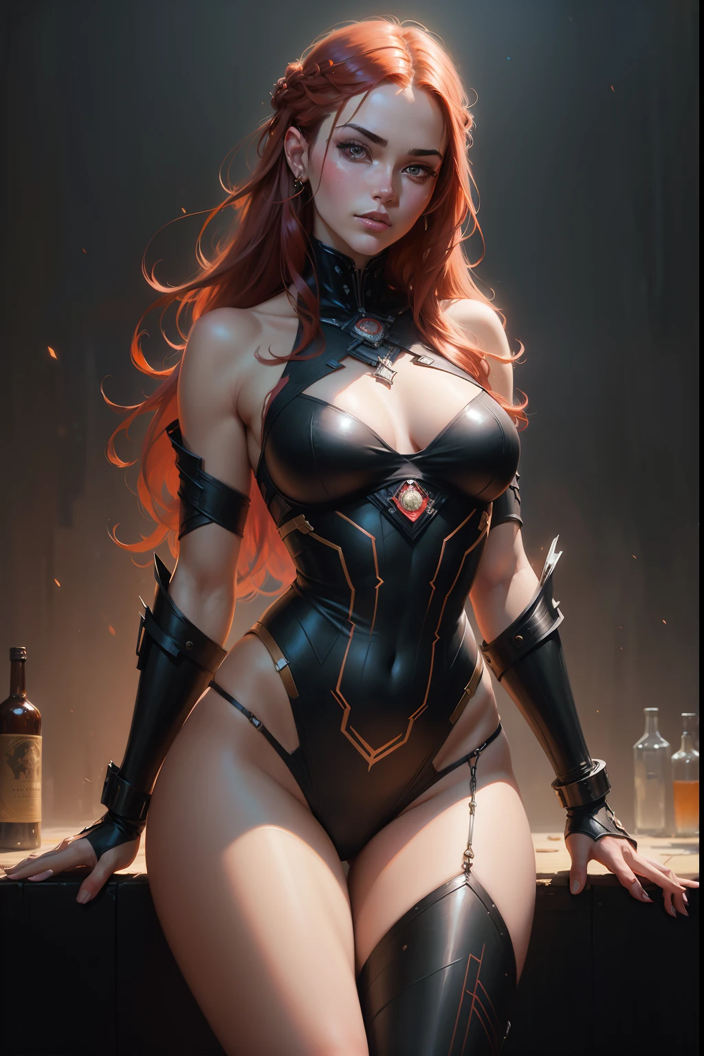 illustration of a beautiful woman, portrait. good anatomy, badass, background dark universe, stars, only red neon, grunge, wavy redhead, lunarpunk, scifi, alcohol ink, atey ghailan, artem demura, gouache, young andrew, pino daeni, simon bisley, and h.r. giger. insist artstation, art by stanley artgerm, painting by daniel f gerhartz, art by andrew atroshenko