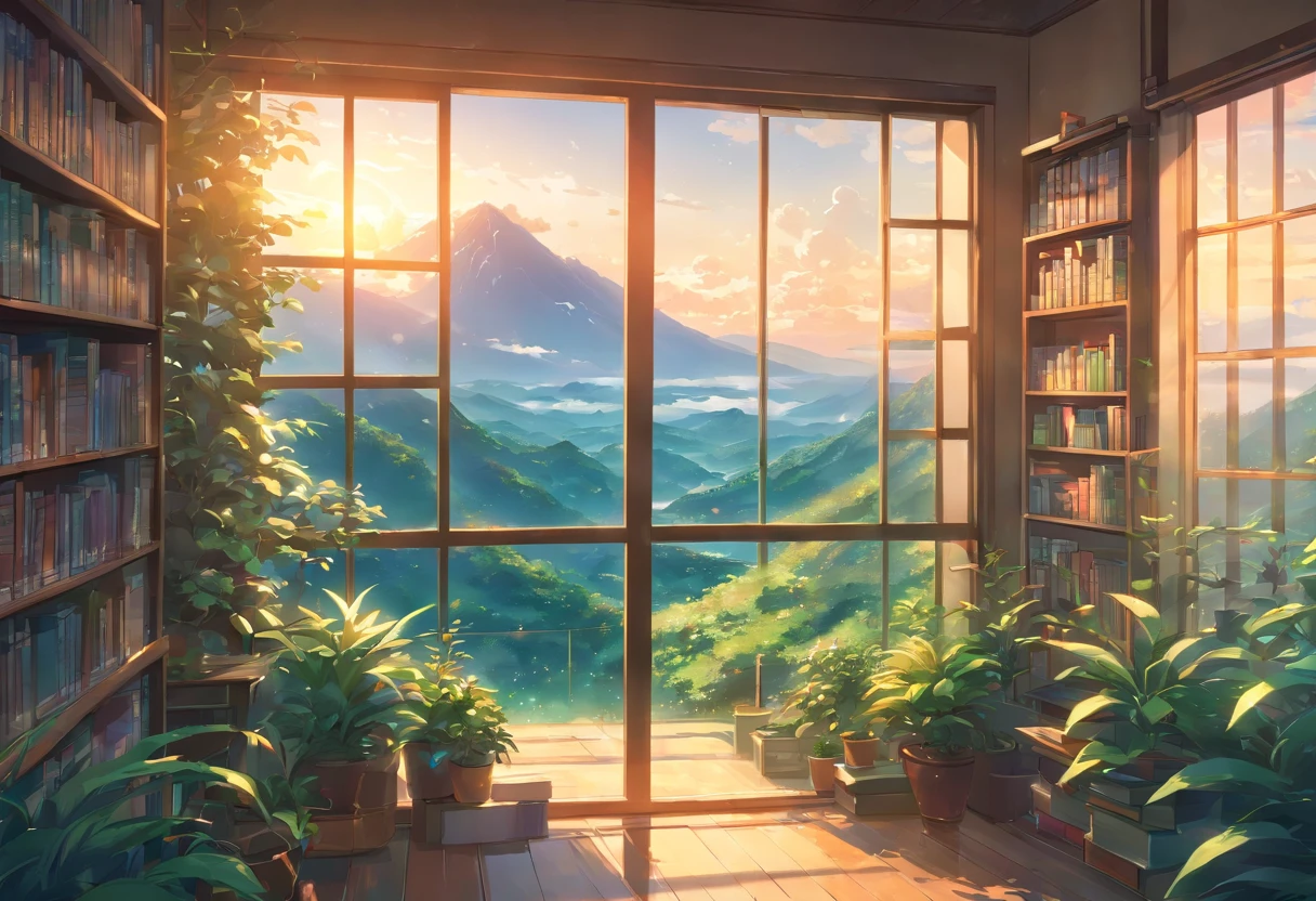 an exremely close up shot of a large window filled with plants and books is overlooking a breath taking and beautiful nature scenery, dawn