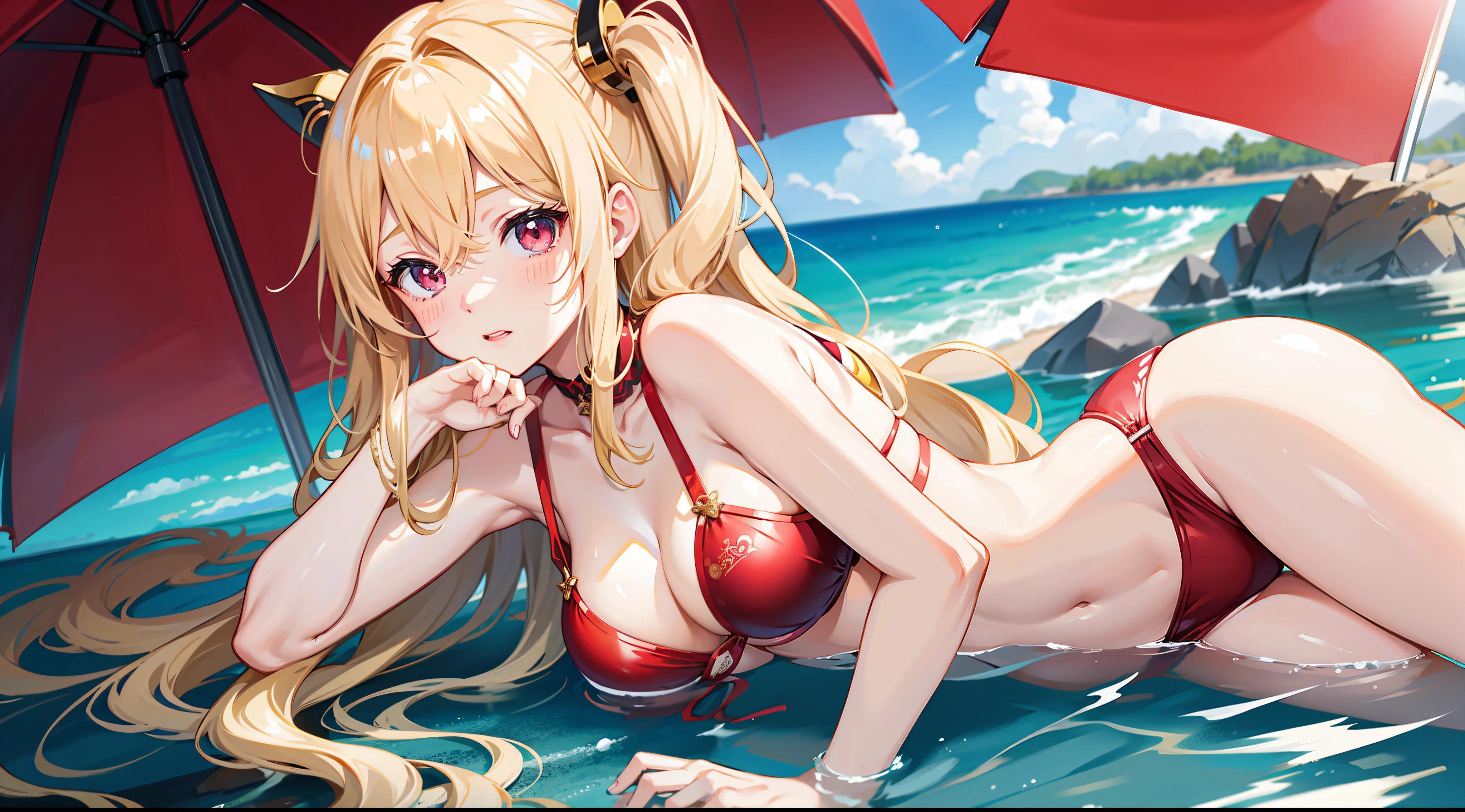 Wavy blonde hair、red eyes、One pretty girl、独奏、animesque、A sexy、The bikini、gravure、a river