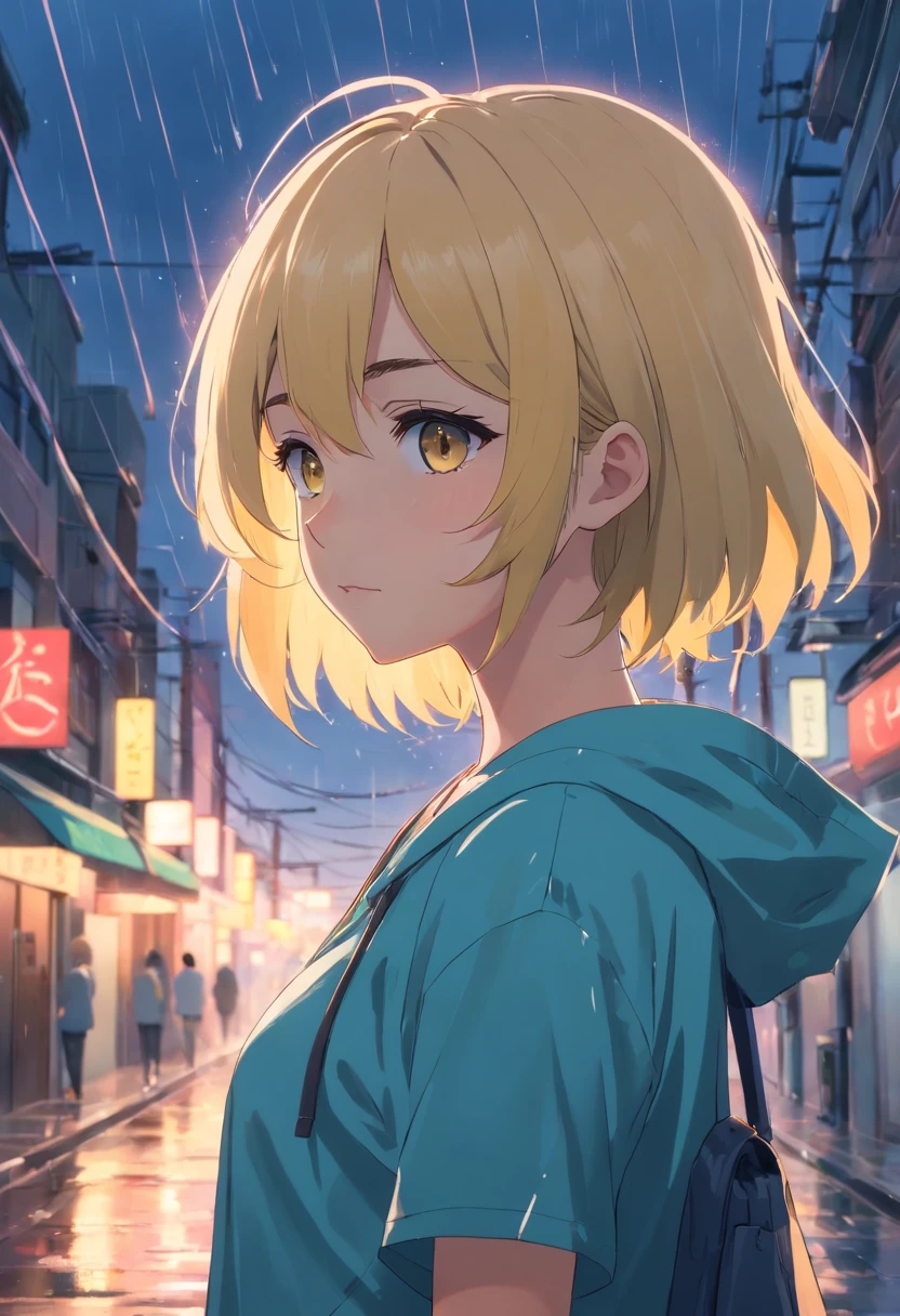 uma pregirl, blonde hair, olhos vermelhos, chuva, olhando para baixo, sorrir, Teary, capa de chuva azul, capuz para cima, cidade