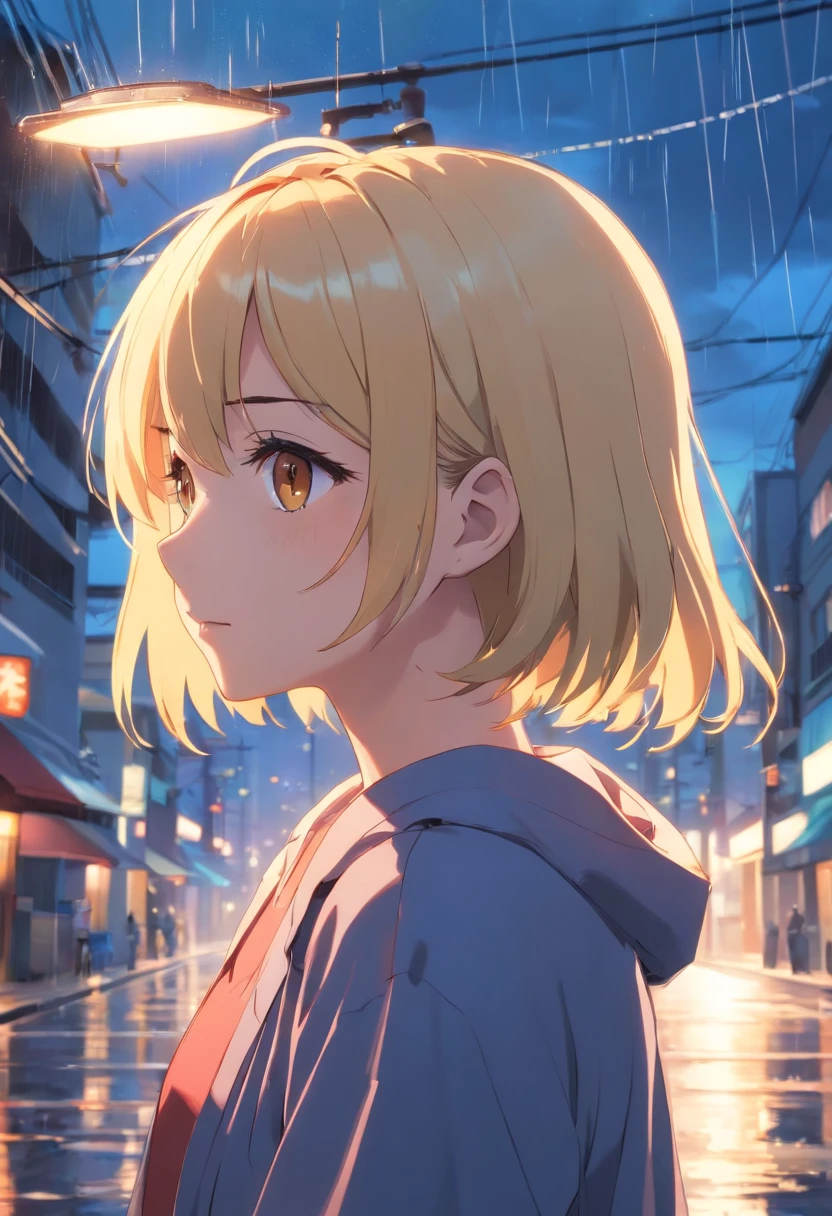 uma pregirl, blonde hair, olhos vermelhos, chuva, olhando para baixo, sorrir, Teary, capa de chuva azul, capuz para cima, cidade
