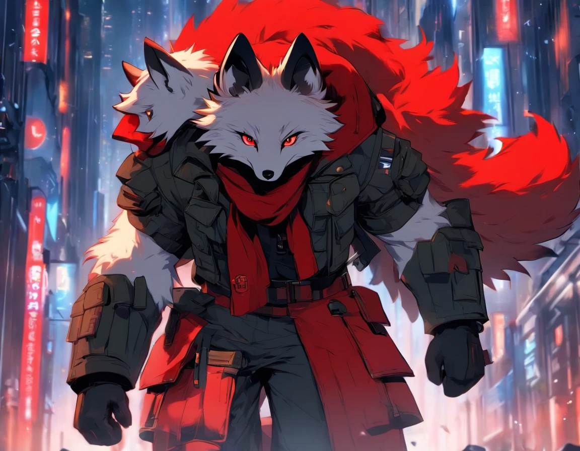 1boy, shota, (HD quality, masterpiece level), fresh and cold teenage characters, wolf ears and wolf tail highlight the character's sense of belonging, blue eyes and dark gray hair echo each other, the clean lines of the white-gray military trench coat show the character's modesty and confidence, brown scarf and black boots are rigid and soft, as if ready to go. The whole picture is simple and atmospheric, and the high and cold temperament is respectful. No background, white screen, slightly toned, HD, masterpiece, white background, dark gray hair, blue eyes, (wolf ears), (wolf tail), slim white gray military trench coat, no hood, brown scarf, black boots, one tail, little boy, hidden ears, high detail, hyper quality, High Resolution, 1080p, 独奏, Furry, (Male Arctic Fox: 1), (Red fur: 1.3), blue skin, white ears, red-eyes, sharp claws, (furry tail: 1.2), (Carrying soldier's equipment)), Wearing bulletproof vests, ((Wearing soldier's helmets)), Against the backdrop of futuristic cities, Detailed backstory of Arttstion Pixiv, Furry, Fursona in stylish clothes, with red fur and two tails, Detailed fan art, digital art on pixiv, anime artstyle