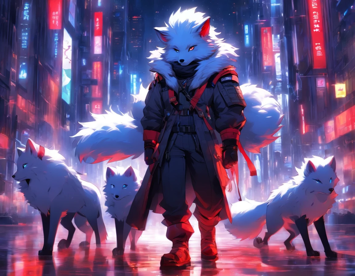 1boy, shota, (HD quality, masterpiece level), fresh and cold teenage characters, wolf ears and wolf tail highlight the character's sense of belonging, blue eyes and dark gray hair echo each other, the clean lines of the white-gray military trench coat show the character's modesty and confidence, brown scarf and black boots are rigid and soft, as if ready to go. The whole picture is simple and atmospheric, and the high and cold temperament is respectful. No background, white screen, slightly toned, HD, masterpiece, white background, dark gray hair, blue eyes, (wolf ears), (wolf tail), slim white gray military trench coat, no hood, brown scarf, black boots, one tail, little boy, hidden ears, high detail, hyper quality, High Resolution, 1080p, 独奏, Furry, (Male Arctic Fox: 1), (Red fur: 1.3), blue skin, white ears, red-eyes, sharp claws, (furry tail: 1.2), (Carrying soldier's equipment)), Wearing bulletproof vests, ((Wearing soldier's helmets)), Against the backdrop of futuristic cities, Detailed backstory of Arttstion Pixiv, Furry, Fursona in stylish clothes, with red fur and two tails, Detailed fan art, digital art on pixiv, anime artstyle