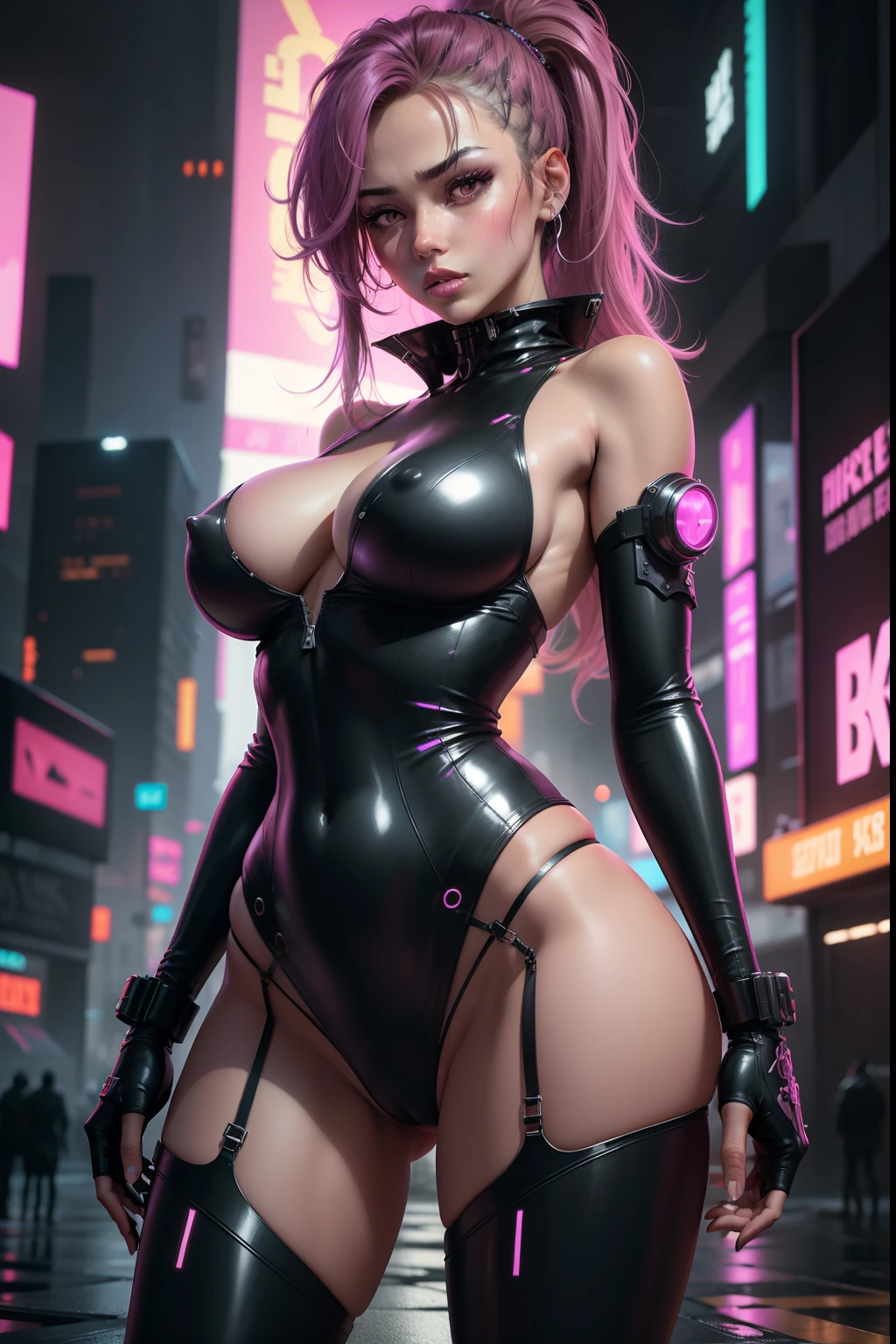 masterpiece, concept art, close shot, highly detailed, centered, 1girl in a (shiny color dress) standing in the rain, dreamy cyberpunk girl, cyberpunk art style, cyberpunk beautiful girl, cyberpunk girl, model girl, cyberpunk vibe, beautiful digital artwork, bright cyberpunk glow, cyberpunk vibrant colors, neon rainy cyberpunk setting, cyberpunk vibes, neon rain, cyberpunk art ultrarealistic 8k, has cyberpunk style, full resolution 8k, full body showing, hyper sexuality, huge breast, huge buttocks, tiny waist, big hips, intricate details, ultra sexual, revealing pussy and nipples, huge erect nipples ultra detailed, full naked, ultra see trough clothing, full caramel texture, profesional light, naked, big pink eyes, juicy lips, full oiled skin, perfect pussy, cameltoe showing, hyper sensual attitude, sculpt face