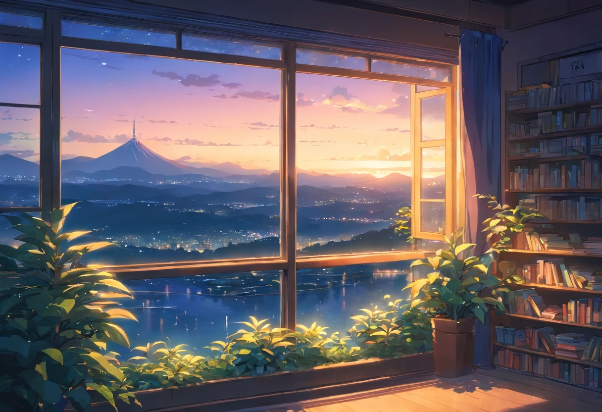 an exremely close up shot of a large window filled with plants and books is overlooking a breath taking and beautiful nature scenery, night time