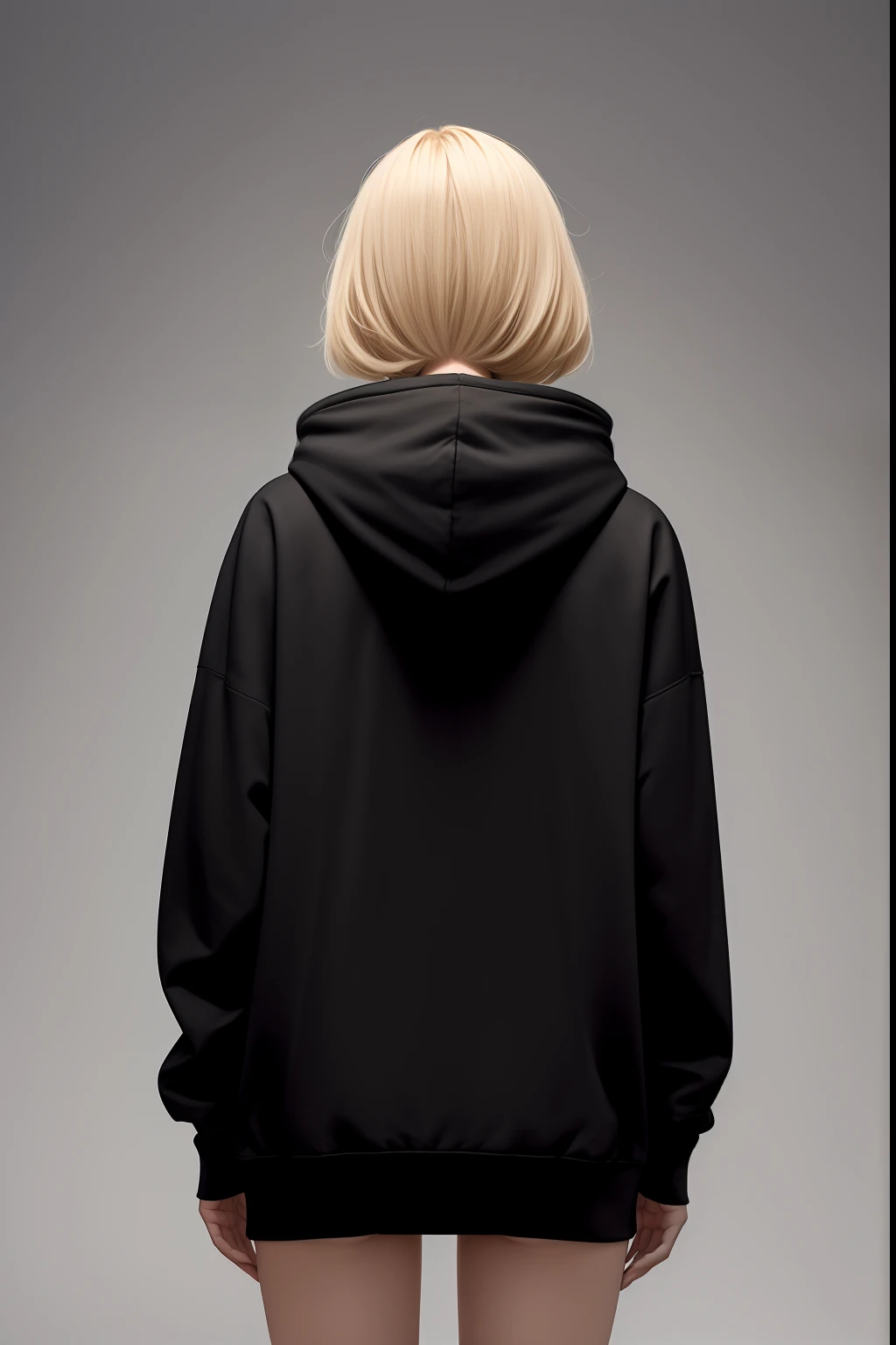 blonde girl 25 years old, with bob bob hairstyle in a black hoodie, standing with her back to the camera, in a black hoodie, in a black hoodie, Black hoodie, A girl in a hoodie, a black hoodie, A photo of a woman in the field of clothing, In an oversize hoodie, Wearing a black hoodie hooded, hooded sweatshirt, rear view, black clothing, long-range blow from the back, back - view, white background white background around