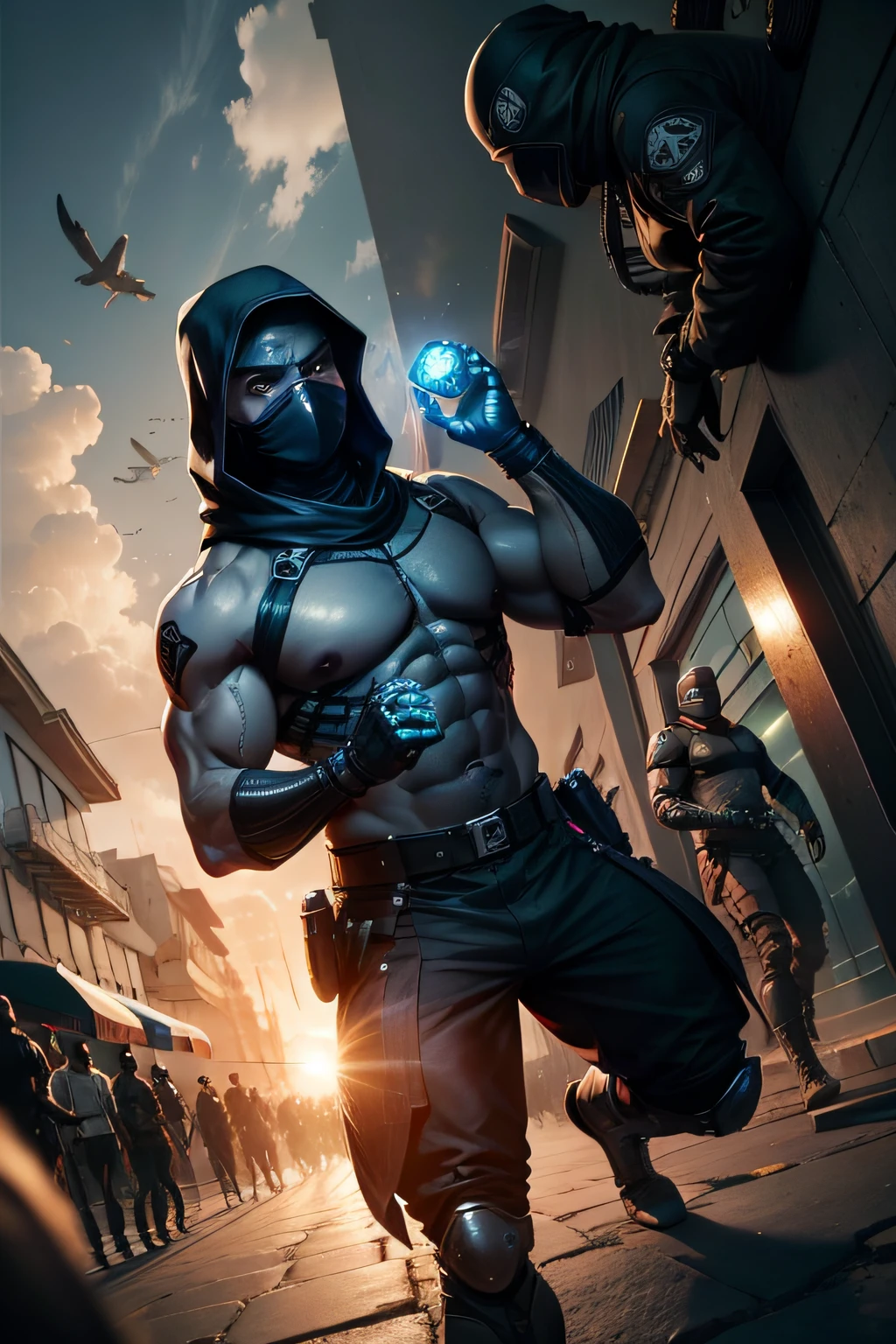 as tartarugas ninjas lutando contra anjos negros em um mundo futurista