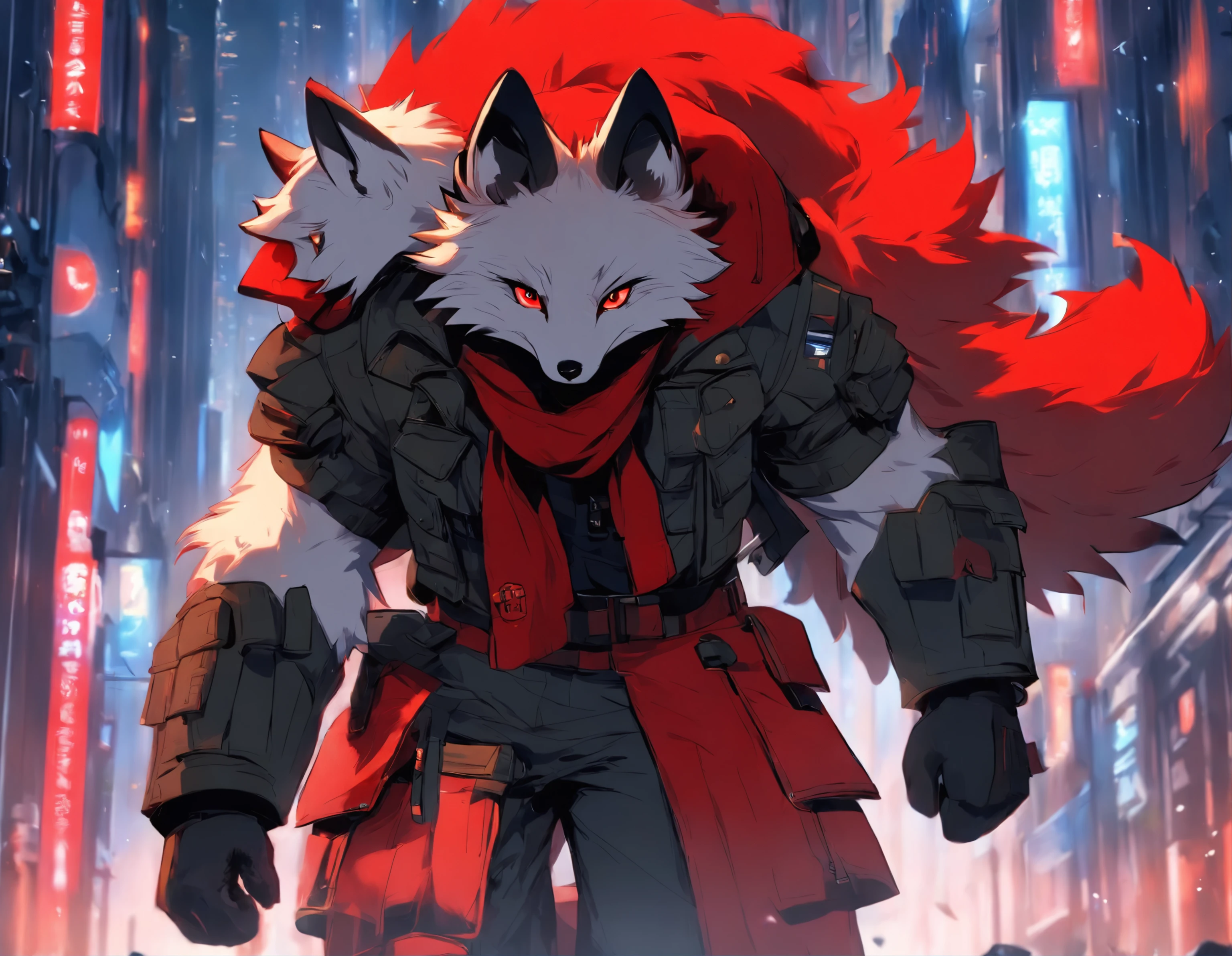 1boy, shota, (HD quality, masterpiece level), fresh and cold teenage characters, wolf ears and wolf tail highlight the character's sense of belonging, blue eyes and dark gray hair echo each other, the clean lines of the white-gray military trench coat show the character's modesty and confidence, brown scarf and black boots are rigid and soft, as if ready to go. The whole picture is simple and atmospheric, and the high and cold temperament is respectful. No background, white screen, slightly toned, HD, masterpiece, white background, dark gray hair, blue eyes, (wolf ears), (wolf tail), slim white gray military trench coat, no hood, brown scarf, black boots, one tail,  boy, hidden ears, high detail, hyper quality, High Resolution, 1080p, 独奏, Furry, (Male Arctic Fox: 1), (Red fur: 1.3), blue skin, white ears, red-eyes, sharp claws, (furry tail: 1.2), (Carrying soldier's equipment)), Wearing bulletproof vests, ((Wearing soldier's helmets)), Against the backdrop of futuristic cities, Detailed backstory of Arttstion Pixiv, Furry, Fursona in stylish clothes, with red fur and two tails, Detailed fan art, digital art on pixiv, anime artstyle