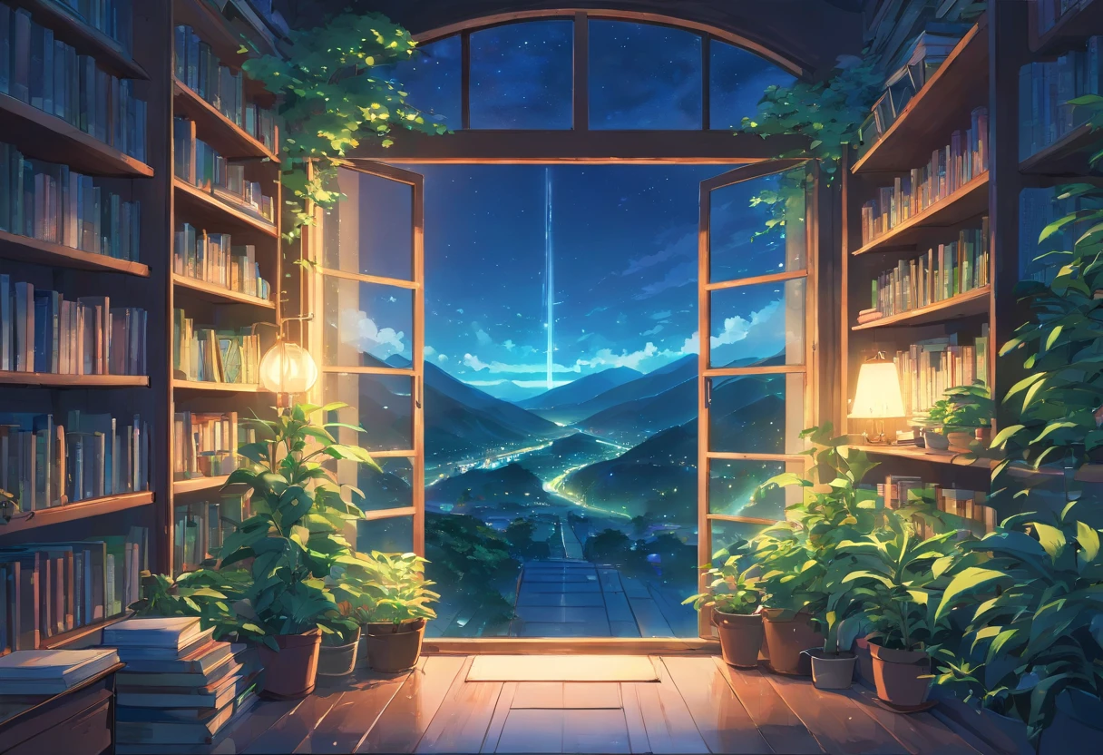 an exremely close up shot of a large window filled with plants and books is overlooking a breath taking and beautiful nature scenery, night time