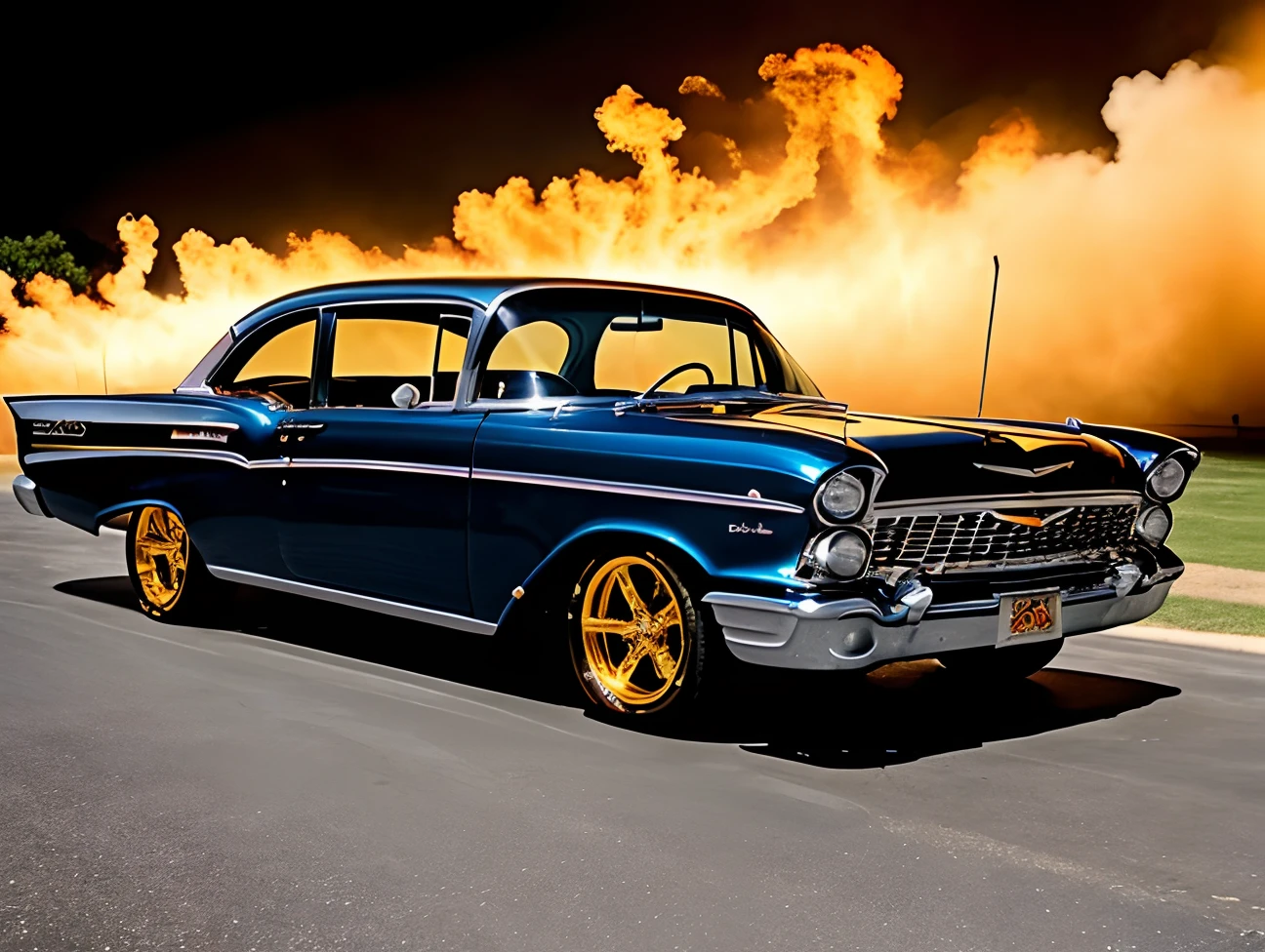 retrato de "1959 Chevrolet Bel Air" COR PRETO METALICO reflexivo, GOLDEN WIDE STAR WHEEL is on fire, The front wheels are small and the rear wheels are very large, dianteira rebaixada na frente, dentro de uma garagem com paredes brancas, diagonal camera