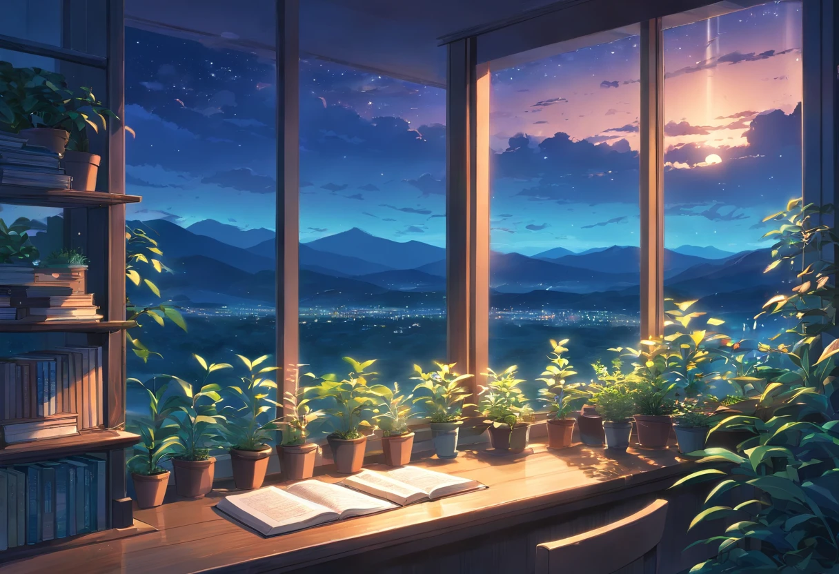 an exremely close up shot of a large window filled with plants and books is overlooking a breath taking and beautiful nature scenery, night time