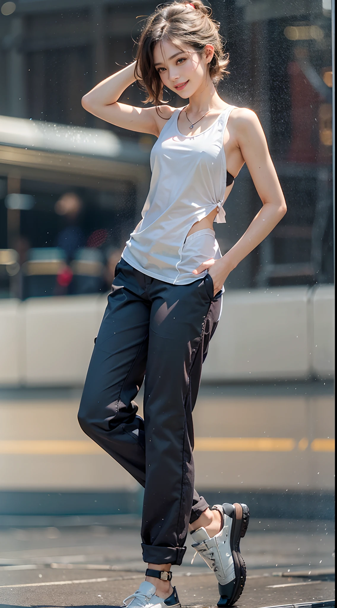 (The FW), 1womanl, 24 year old, 7headed body, (cute  face), (Ideal ratio body proportions), Modern old cityscape, (no-bra), ((Tank Tops)), (((Long pants workwear))), long , Emphasis on the buttocks, Wet, Smiling smile, de pele branca, small tits, A slender, Dark hair, short-hair, beauty legs, Small buttocks, Skinny Legs, surrealism, Cinematic lighting, depth of fields, One-person viewpoint, F/1.8, 135 mm, nffsw, masutepiece, ccurate, Anatomically correct, Textured skin, Super Detail, high details, High quality, awardwinning, Best Quality, hight resolution, 8K