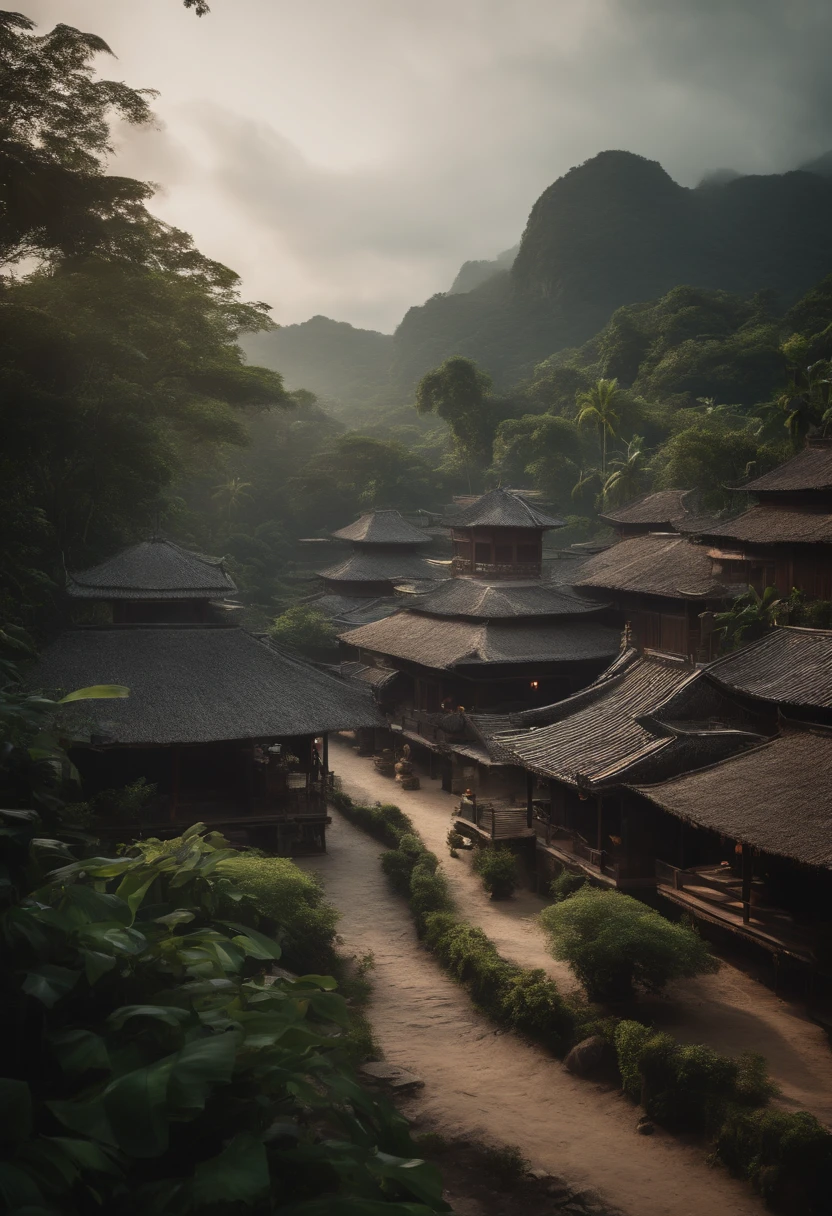 feudal oriental town in a dense and tropical jungle