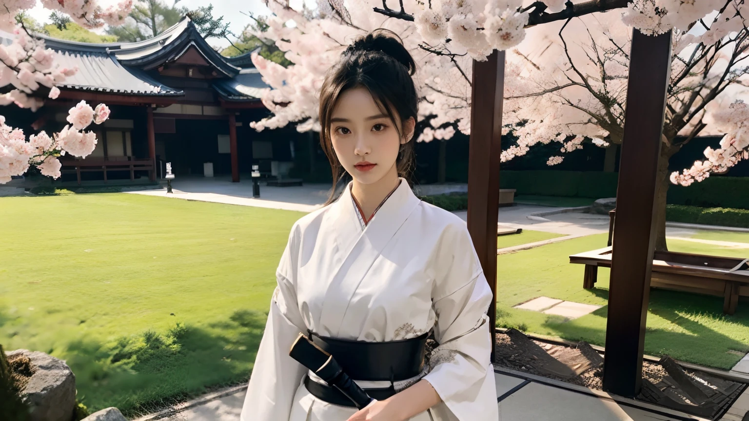 (A logo、masterpiece、8K、masutepiece、Raw photo、Fantastic、Best Quality、Photorealistic and highly detailed CG integrated 8K wallpaper、hightquality、ighly detailed、epic poem、Particle effect、Dynamic effects、depth of fields、Cinematic Light、Lens Flare、Ray tracing)、Fantasia、 (1 beautiful woman in a white coat、robe blanche、Japanese dress、White cherry blossom pattern、A dark-haired、Beautiful face、Real Face、beautiful details eyes beautiful skin)、Hair flutters in the wind、Hair jumps、Pink cherry blossom tree、Petals flutter、Sakura blizzard、Superb view、morning glow、Sun in the background、the wind、Deities、tusk、myth、Vast Land、