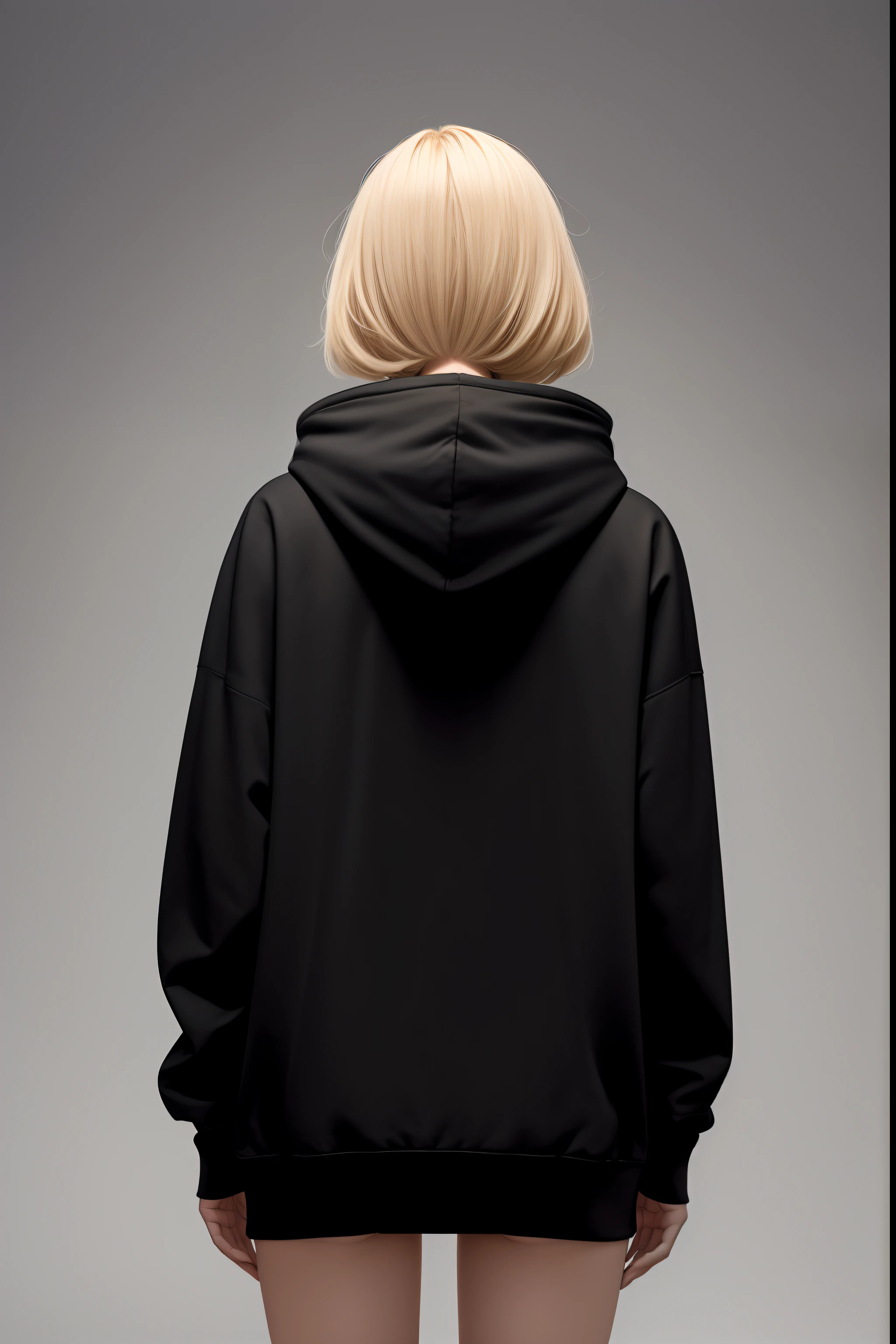 blonde girl 25 years old, with bob bob hairstyle in a black hoodie, standing with her back to the camera, in a black hoodie, in a black hoodie, Black hoodie, A girl in a hoodie, a black hoodie, A photo of a woman in the field of clothing, In an oversize hoodie, Wearing a black hoodie hooded, hooded sweatshirt, rear view, black clothing, long-range blow from the back, back - view, white background white background around