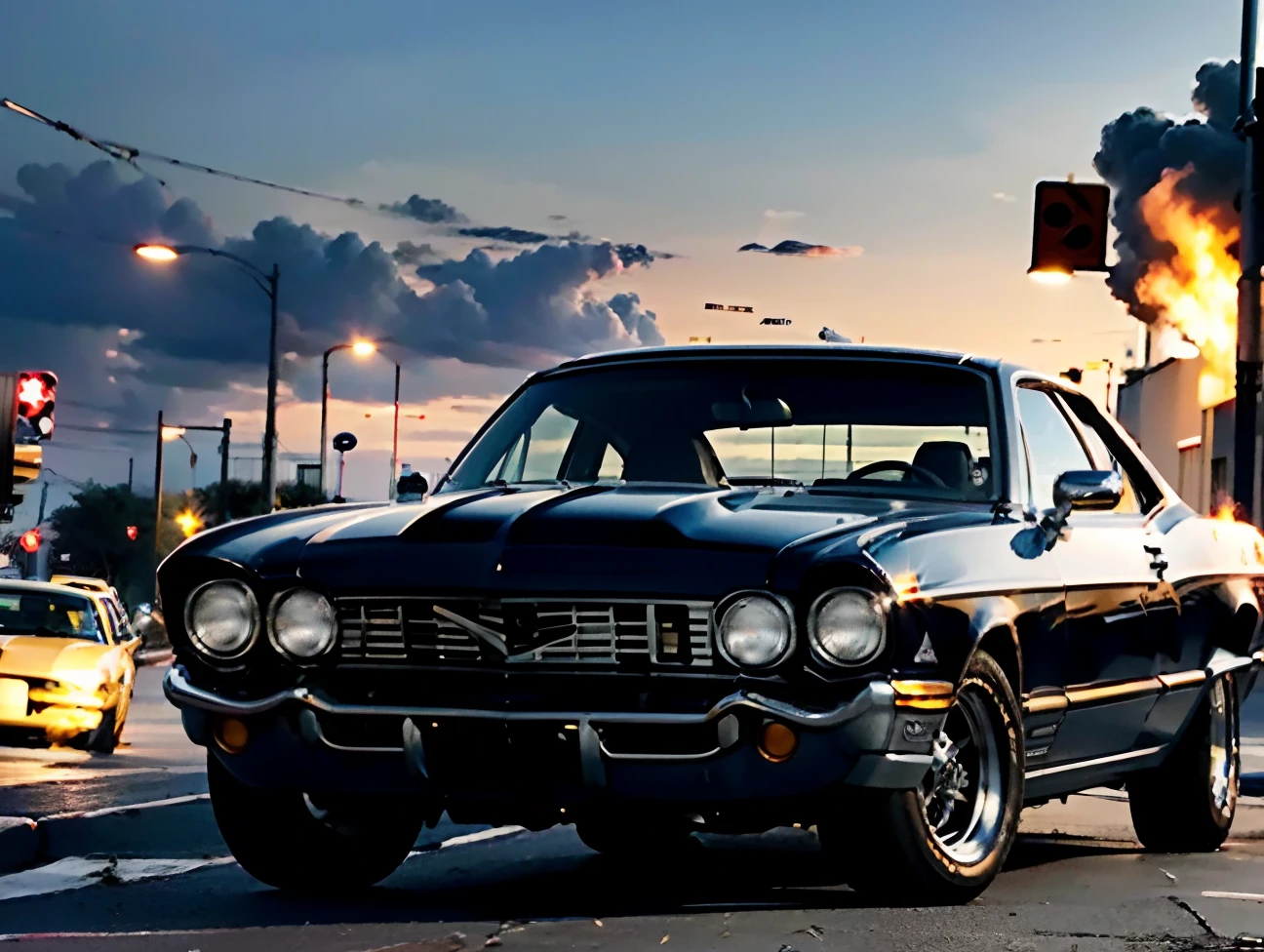 foto inteira de um 1959 Chevrolet Bel Air, RODA ESTRELA LARGA, as detailed as possible, RETRATO PERFEITO O MAIS FIEL POSSIVEL, O MAIS DETALHADO POSSIVEL, roda virada, BODY IN GLOSSY METALLIC BLACK, REFLEXO DA PAISAGEM NA LATARIA DO CARRO, THE HEADLIGHTS AND DOUBLE HEADLIGHTS ARE ON AND STRONG, HAS SMOKY SUNGLASSES, DETALHES DOS FRISOS EM COR DOURADO, THE WHEEL IS GOLDEN IN COLOR, TODOS OS FRISOS EM COR DOURADA, POSSUI TETO SOLAR DE VIDRO NA COR PRETA, TEM ESCAPAMENTOS LATERAIS EM BAIXO DA PORTA DIANTEIRA, THE FRONT TIRES ARE CATCHING FIRE AND SMOKE COMING OUT. Imagem de longe, imagem de corpo inteiro