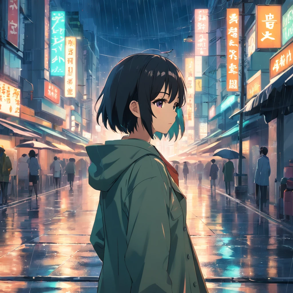 Anime Girl na chuva, 1girl, Pelo largo negro, Papel de parede anime 4k, Depois da chuva e sem s, Anime Girl Perfil, 4 k manga wallpaper, 4k anime wallpapers, 4k anime wallpapers, Obras de arte no estilo Guweiz, Badass anime 8k, Anime Art Wallpaper 4K, Anime Art Wallpaper 4K, noite de chuva, Anime Art Wallpaper 8K, Fundo muito detalhado do telhado da cidade, telhado plano, com vista para a cidade, Rosto detalhado, Fundo ocupado complexo detalhado, Desordenadamente, Splendid, branco leitoso, pele altamente detalhada, Detalhes realistas da pele, visible pores, Foco claro, volumetric mist, 8k UHD, DSLR, alta qualidade, filmic grain, pele clara, Foto realism, Lomografia, futuristic dystopian megalopolis, translucent