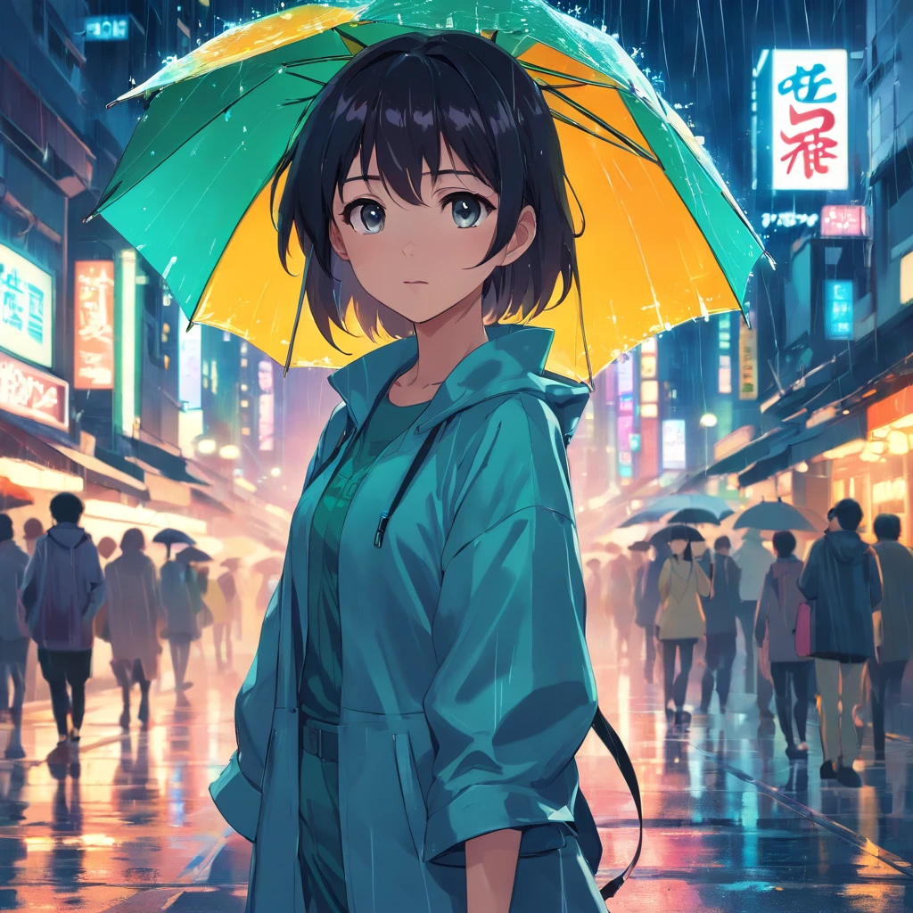 Anime Girl na chuva, 1girl, Pelo largo negro, Papel de parede anime 4k, Depois da chuva e sem s, Anime Girl Perfil, 4 k manga wallpaper, 4k anime wallpapers, 4k anime wallpapers, Obras de arte no estilo Guweiz, Badass anime 8k, Anime Art Wallpaper 4K, Anime Art Wallpaper 4K, noite de chuva, Anime Art Wallpaper 8K, Fundo muito detalhado do telhado da cidade, telhado plano, com vista para a cidade, Rosto detalhado, Fundo ocupado complexo detalhado, Desordenadamente, Splendid, branco leitoso, pele altamente detalhada, Detalhes realistas da pele, visible pores, Foco claro, volumetric mist, 8k UHD, DSLR, alta qualidade, filmic grain, pele clara, Foto realism, Lomografia, futuristic dystopian megalopolis, translucent