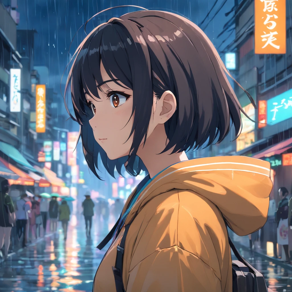 Anime Girl na chuva, 1girl, Pelo largo negro, Papel de parede anime 4k, Depois da chuva e sem meninas, Anime Girl Perfil, 4 k manga wallpaper, 4k anime wallpapers, 4k anime wallpapers, Obras de arte no estilo Guweiz, Badass anime 8k, Anime Art Wallpaper 4K, Anime Art Wallpaper 4K, noite de chuva, Anime Art Wallpaper 8K, Fundo muito detalhado do telhado da cidade, telhado plano, com vista para a cidade, Rosto detalhado, Fundo ocupado complexo detalhado, Desordenadamente, Splendid, branco leitoso, pele altamente detalhada, Detalhes realistas da pele, visible pores, Foco claro, volumetric mist, 8k UHD, DSLR, alta qualidade, filmic grain, pele clara, Foto realism, Lomografia, futuristic dystopian megalopolis, translucent