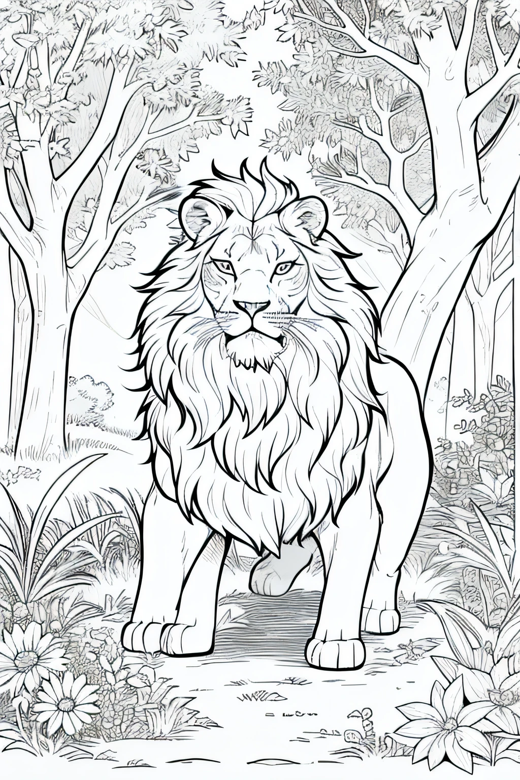 Coloring book of a lion in the forest, estilo cartoon, linhas grossas, sem cor, fundo branco, dashes only