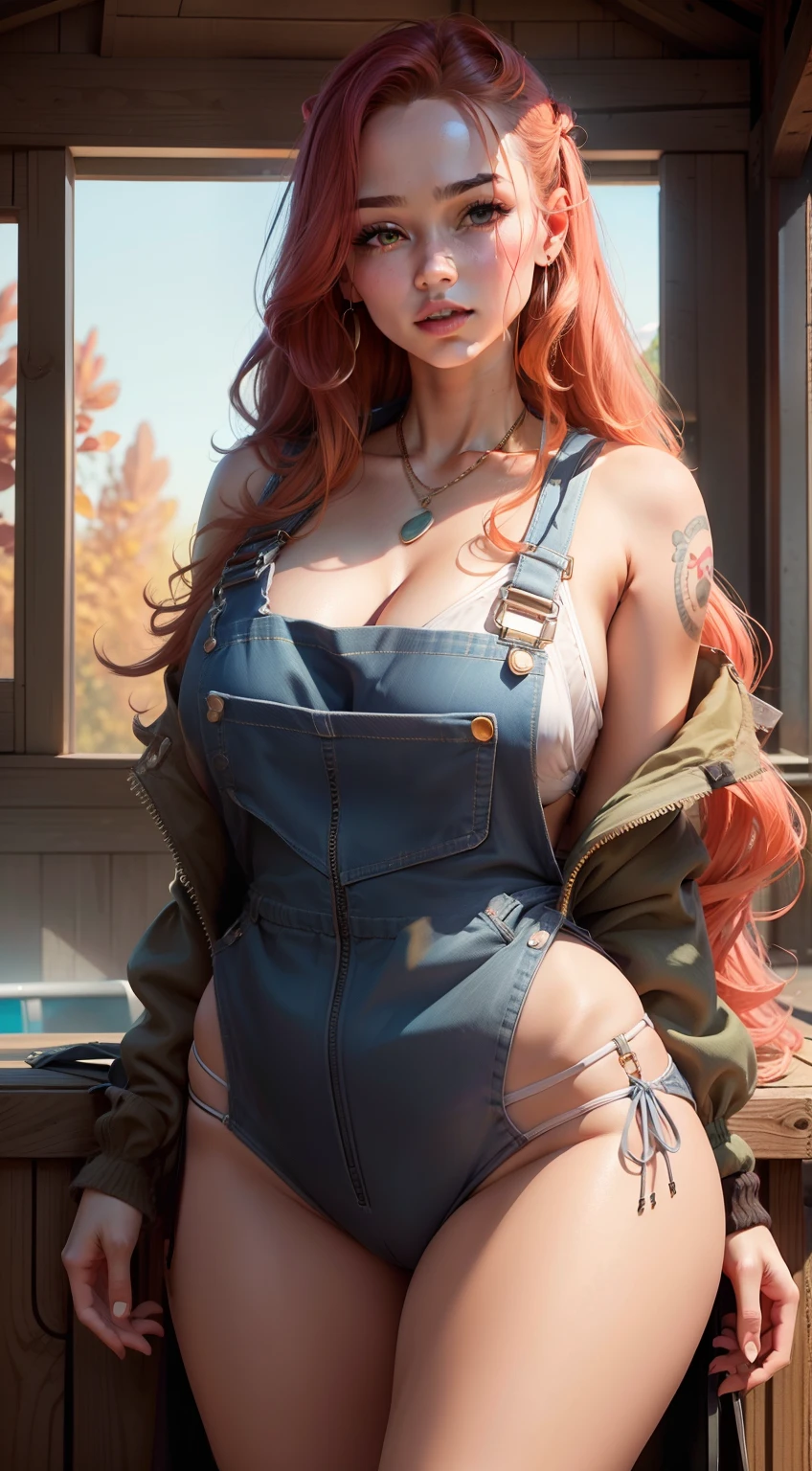 Overalls with bikini underneath, cleavage