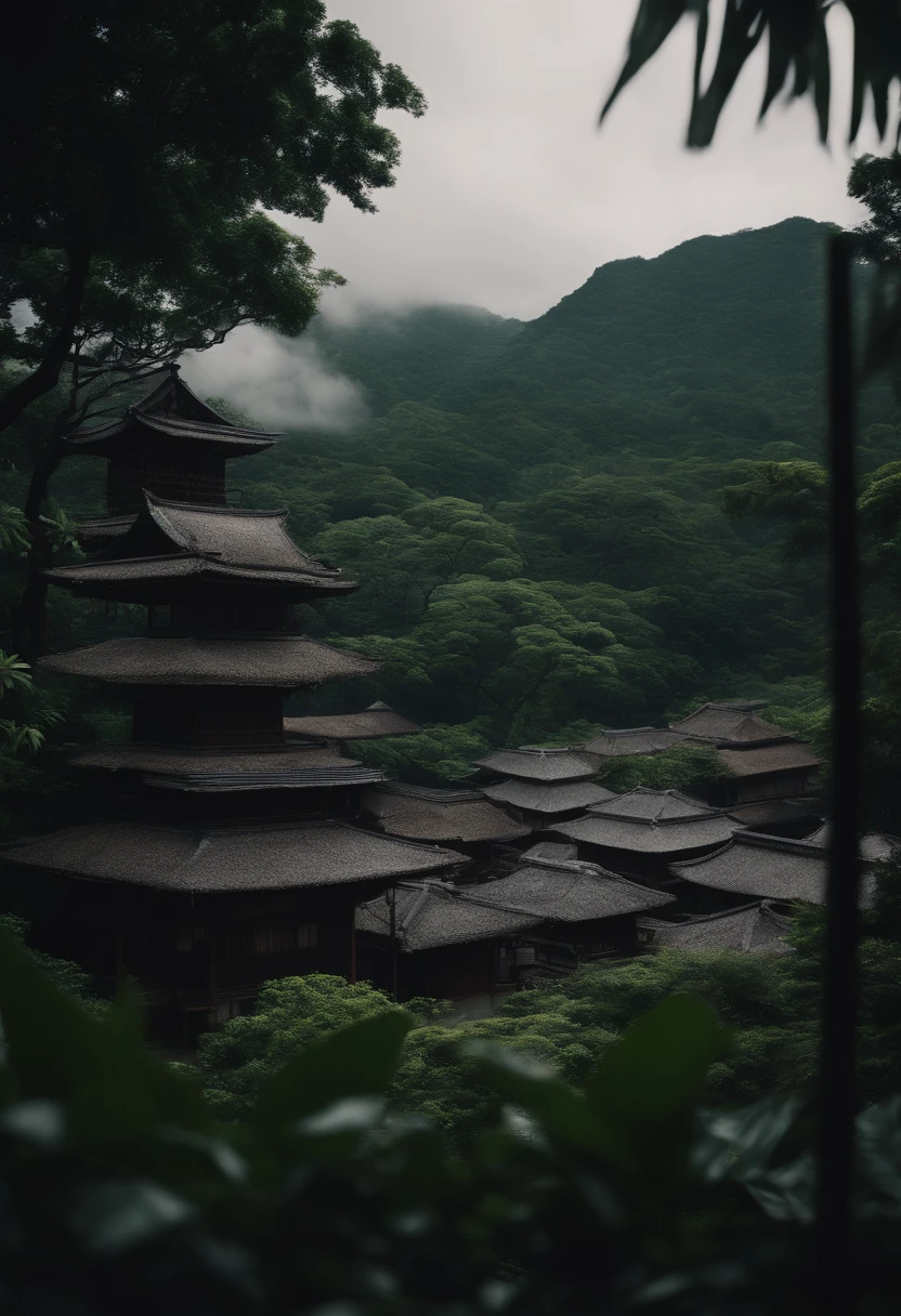 feudal japanese city in a dense and tropical jungle