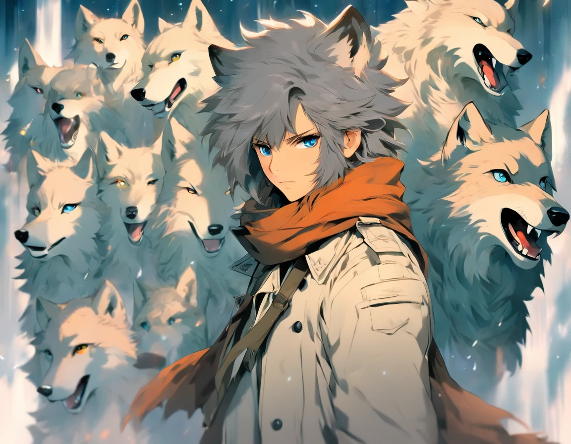 1boy, shota, (HD quality, masterpiece level), fresh and cold teenage characters, wolf ears and wolf tail highlight the character's sense of belonging, blue eyes and dark gray hair echo each other, the clean lines of the white-gray military trench coat show the character's modesty and confidence, brown scarf and black boots are rigid and soft, as if ready to go. The whole picture is simple and atmospheric, and the high and cold temperament is respectful. No background, white screen, slightly toned, HD, masterpiece, white background, dark gray hair, blue eyes, (wolf ears), (wolf tail), slim white gray military trench coat, no hood, brown scarf, black boots, one tail, little boy, hidden ears
