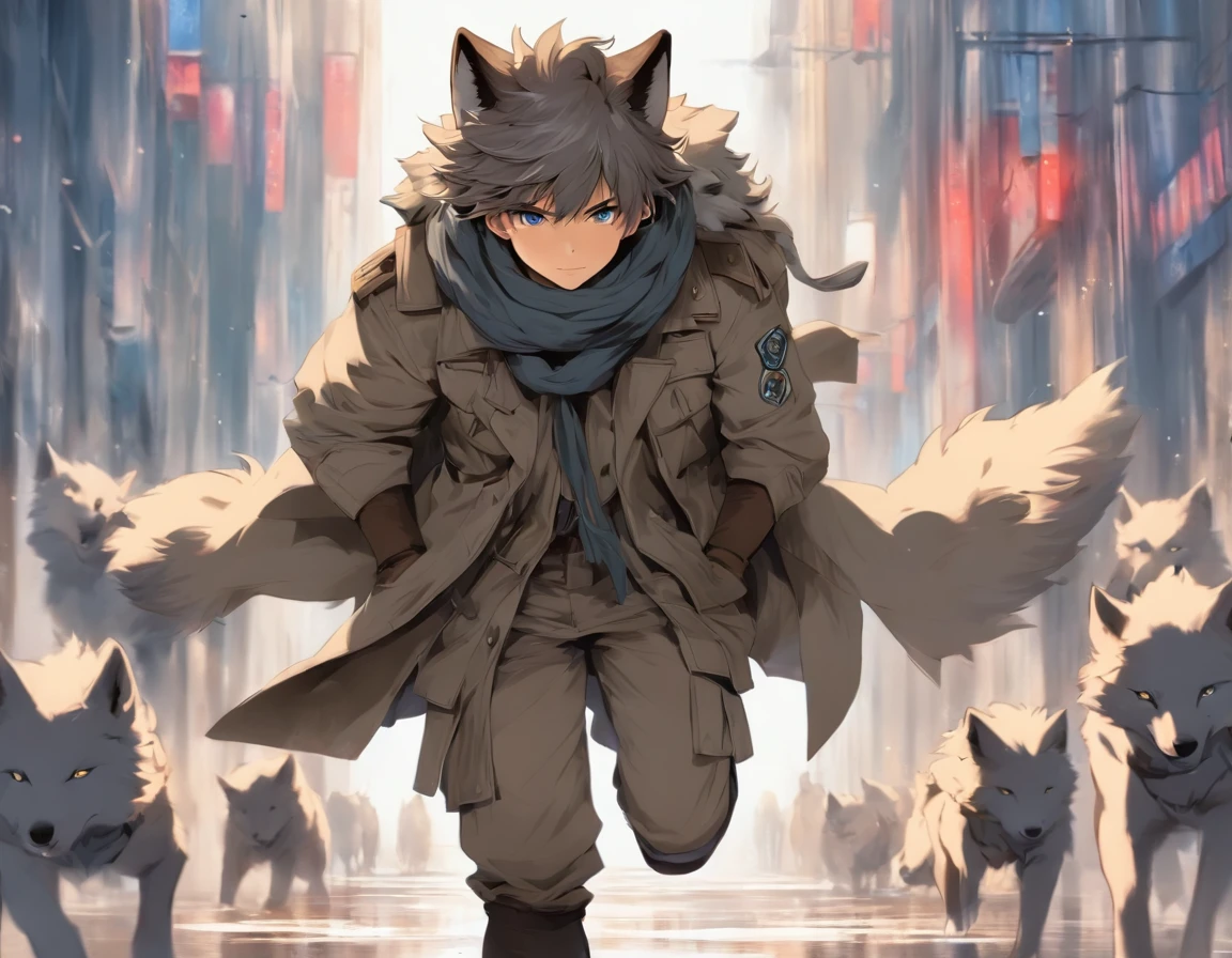 1boy, shota, (HD quality, masterpiece level), fresh and cold teenage characters, wolf ears and wolf tail highlight the character's sense of belonging, blue eyes and dark gray hair echo each other, the clean lines of the white-gray military trench coat show the character's modesty and confidence, brown scarf and black boots are rigid and soft, as if ready to go. The whole picture is simple and atmospheric, and the high and cold temperament is respectful. No background, white screen, slightly toned, HD, masterpiece, white background, dark gray hair, blue eyes, (wolf ears), (wolf tail), slim white gray military trench coat, no hood, brown scarf, black boots, one tail, little boy, hidden ears