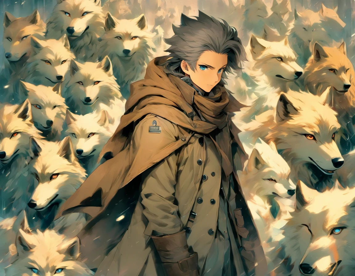 1boy, a, (HD quality, masterpiece level), fresh and cold teenage characters, wolf ears and wolf tail highlight the character's sense of belonging, blue eyes and dark gray hair echo each other, the clean lines of the white-gray military trench coat show the character's modesty and confidence, brown scarf and black boots are rigid and soft, as if ready to go. The whole picture is simple and atmospheric, and the high and cold temperament is respectful. No background, white screen, slightly toned, HD, masterpiece, white background, dark gray hair, blue eyes, (wolf ears), (wolf tail), slim white gray military trench coat, no hood, brown scarf, black boots, one tail, little boy, hidden ears