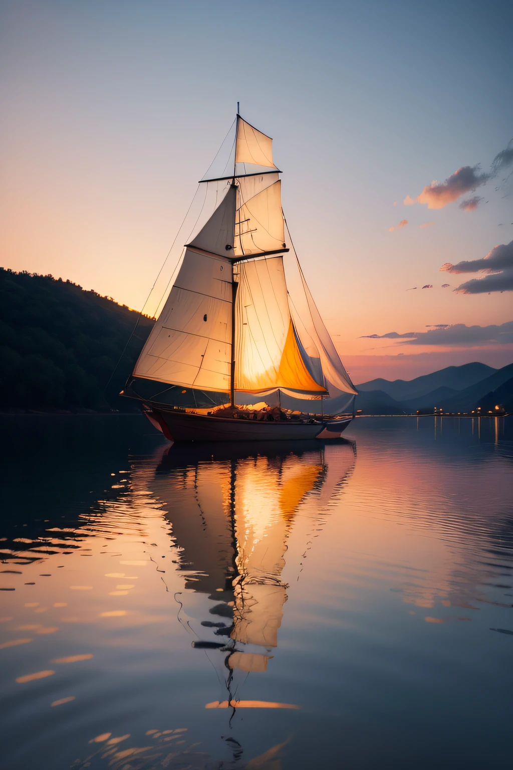 Create an illustration of a sailing boat on a quiet lake at sunset, as velas alaranjadas capturando a brisa suave, golden reflections in water, a sense of peace and serenity, illustration, pintura digital, --ar 16:9 --v 5