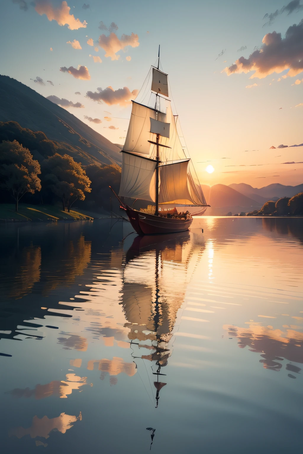 Create an illustration of a sailing boat on a tranquil lake at sunset, as velas alaranjadas capturando a brisa suave, golden reflections in water, a sense of peace and serenity, illustration, Pintura digital, --AR 16:9 --V 5