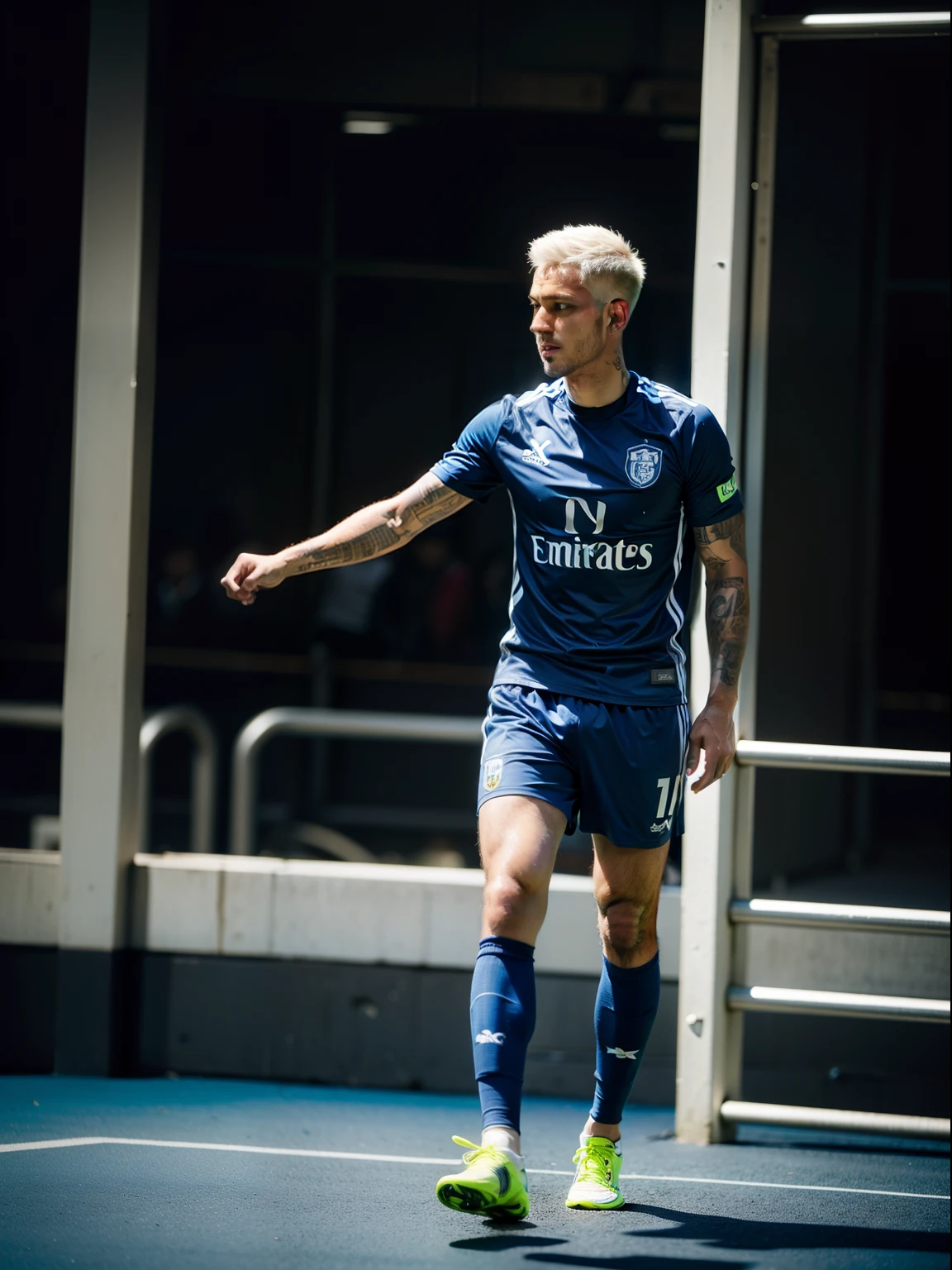 Homem Soccer Player Platinum hair with tattoos, in a blue club, Training, photo from afar