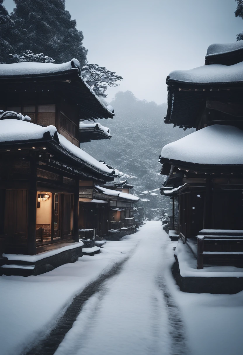 feudal japanese city in a dense and tropical jungle covered in snow