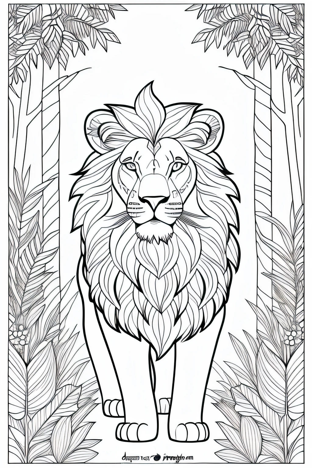 Coloring book of a lion in the forest, estilo cartoon, linhas grossas, sem cor, fundo branco, dashes only