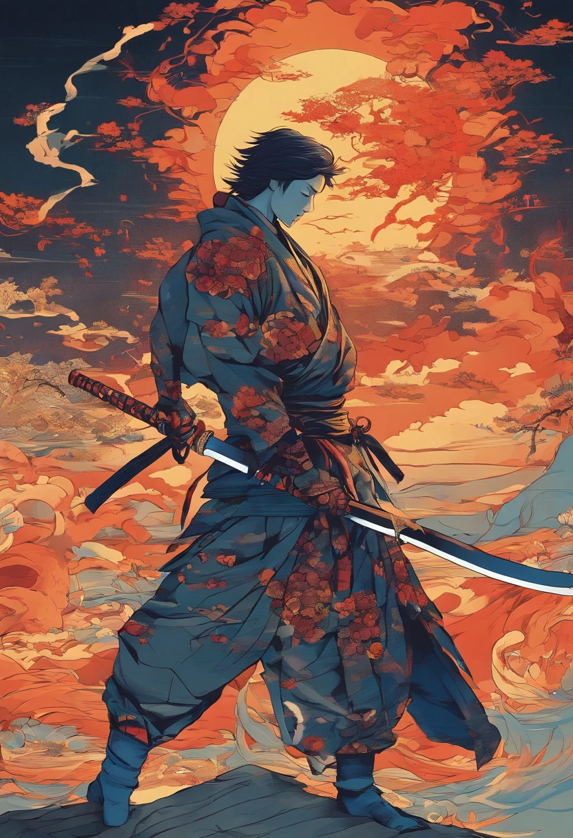 Ronin, holding katana, burning dojo in background