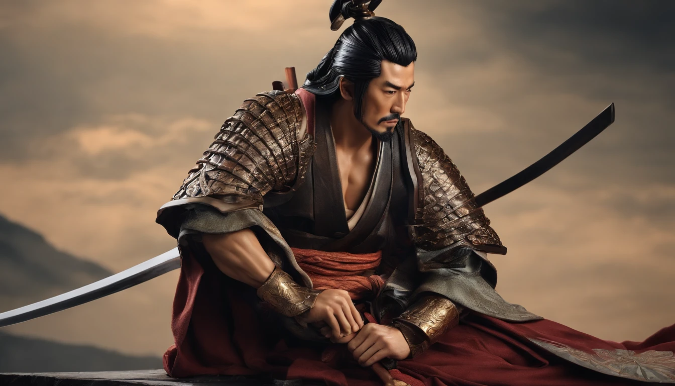 Draw a metal statue of Musashi in a contemplative pose, segurando uma espada e um pergaminho.