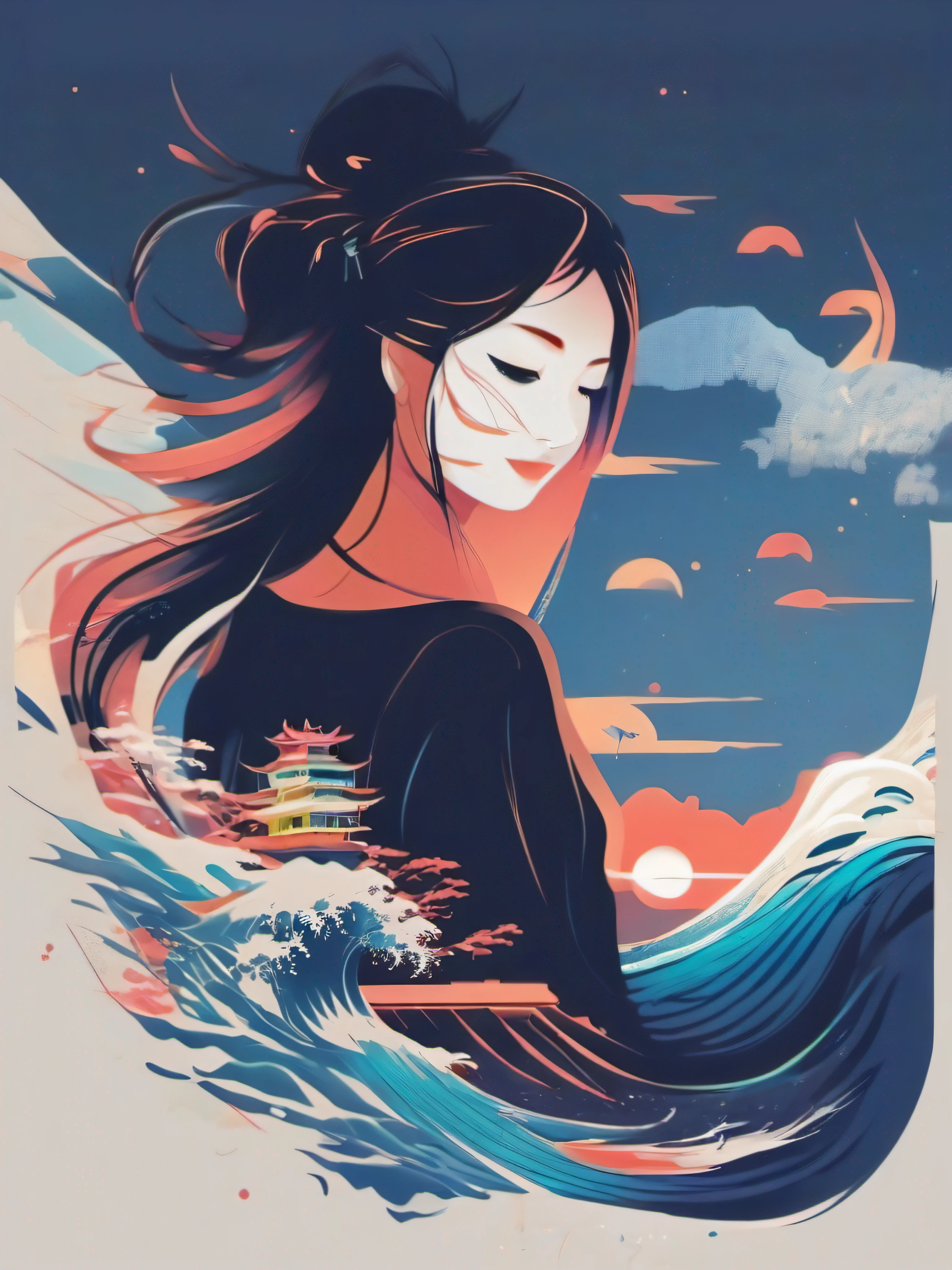 a clean t-shirt design of a woman megitsune facemask, planar vector, sunset, flat illustration, vibrant victor, colorful splashes, japanese wave, vector art, watercolor effect, digital painting, clean dark blue background, 16k