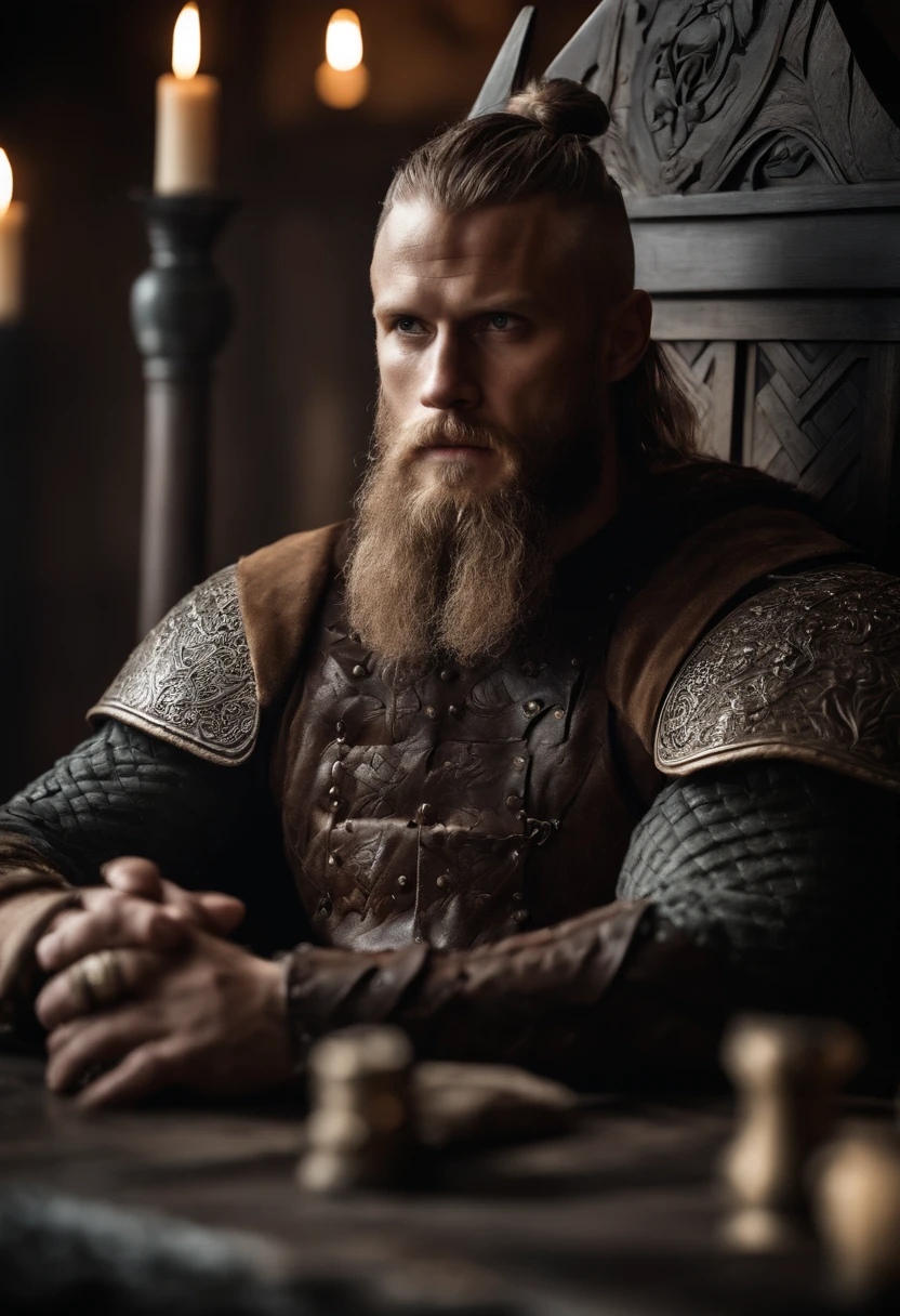 imagem do viking Ragnar sentado na cadeira assinando um papel