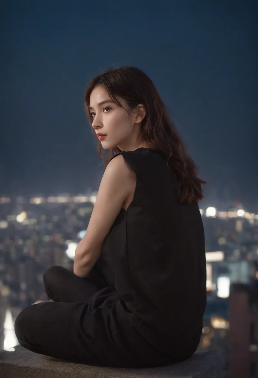 a girl wearing black top sitting on a skyscraper edge, by studio ghibli, city scenery, detailed illustration, official art, in the style of kawacy, graceful movement, nocturne, composed, hd wallpapers