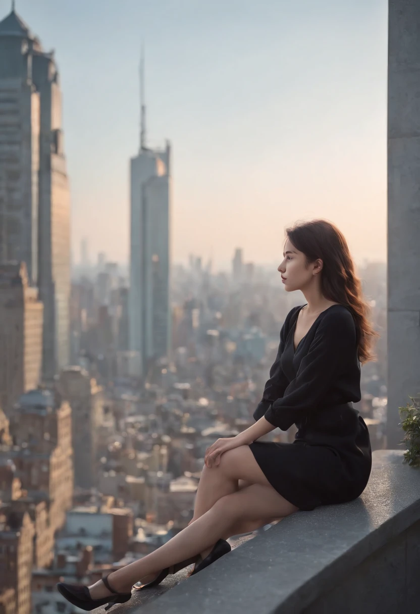 a girl wearing black top sitting on a skyscraper edge, by studio ghibli, city scenery, detailed illustration, official art, in the style of kawacy, graceful movement, nocturne, composed, hd wallpapers