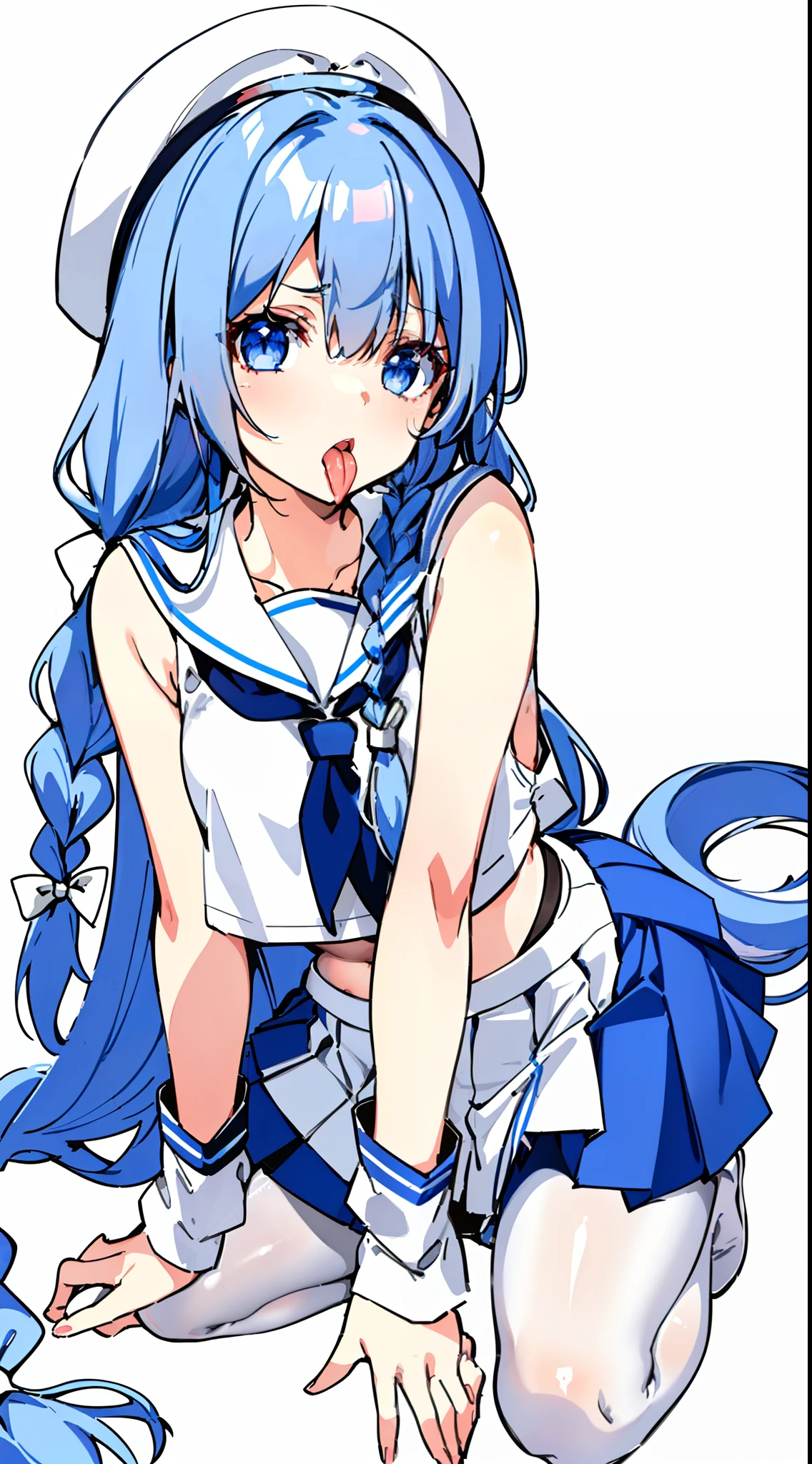 crop top,crop top overhang,eyes visible through hair,blue hair,long hair,very long hair,blue eyes,pantyhose,white pantyhose,breasts,small breasts,sailor suit,school hat,braid,plain braid,kneeling,looking up,looking at viewer,open mouth,tongue out,cum in mouth,serious eyes,White shirt,mini skirt,white miniskirt,pleated skirt,sailor collar,thighs,white footwear,hands on chest,skirt,white skirt