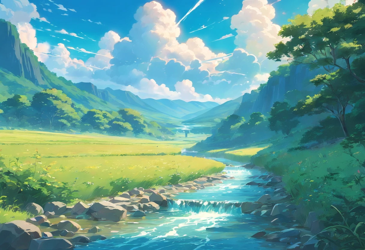 beautiful landscape, birds, cummulus clouds, blue sky, a stream flowing by