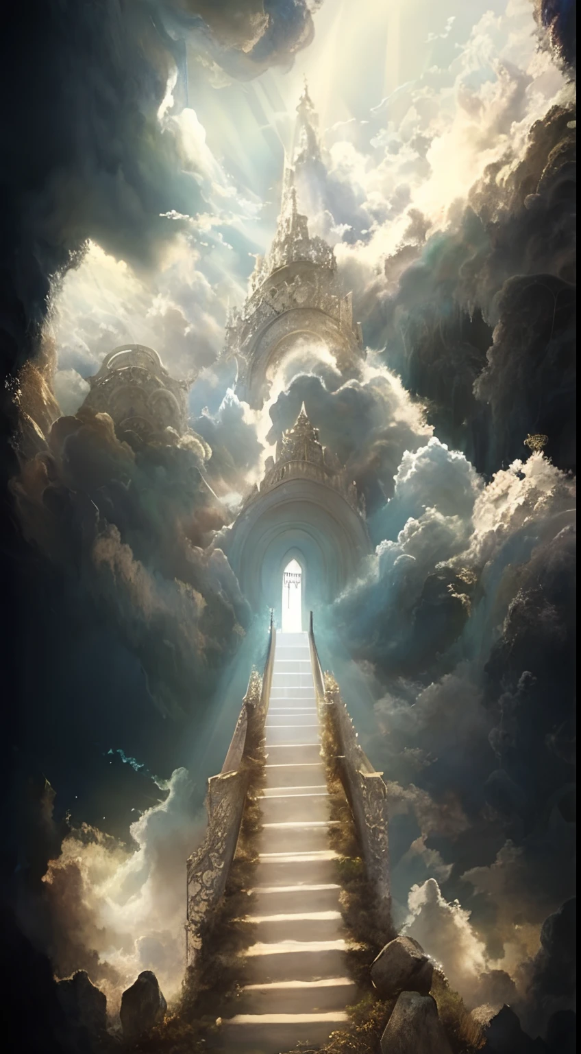 Ladder leading to a sky with clouds and a person standing on it, stairway to heaven, entrance to ethereal realm, stairs from hell to heaven, Leading to the sky, esoteric equation heaven, Ethereal Realm, surreal dreamscape, portal to the ethereal realm, heaven!!!!!!!!, Universos Ascendentes, heavens gate, arte conceitual surreal, descending from the heavens